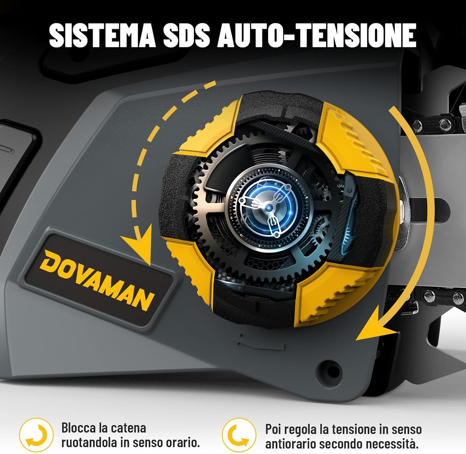 DOVAMAN 2400W Motosega Elettrica, 40cm Barra e Catena Oregon, Tensionamento Senza Attrezzi, Freno Sicurezza, 1 Catena Oregon e 1 Extra, Ideale per Legna da Ardere, Potatura e Uso in Giardino - DCS01A