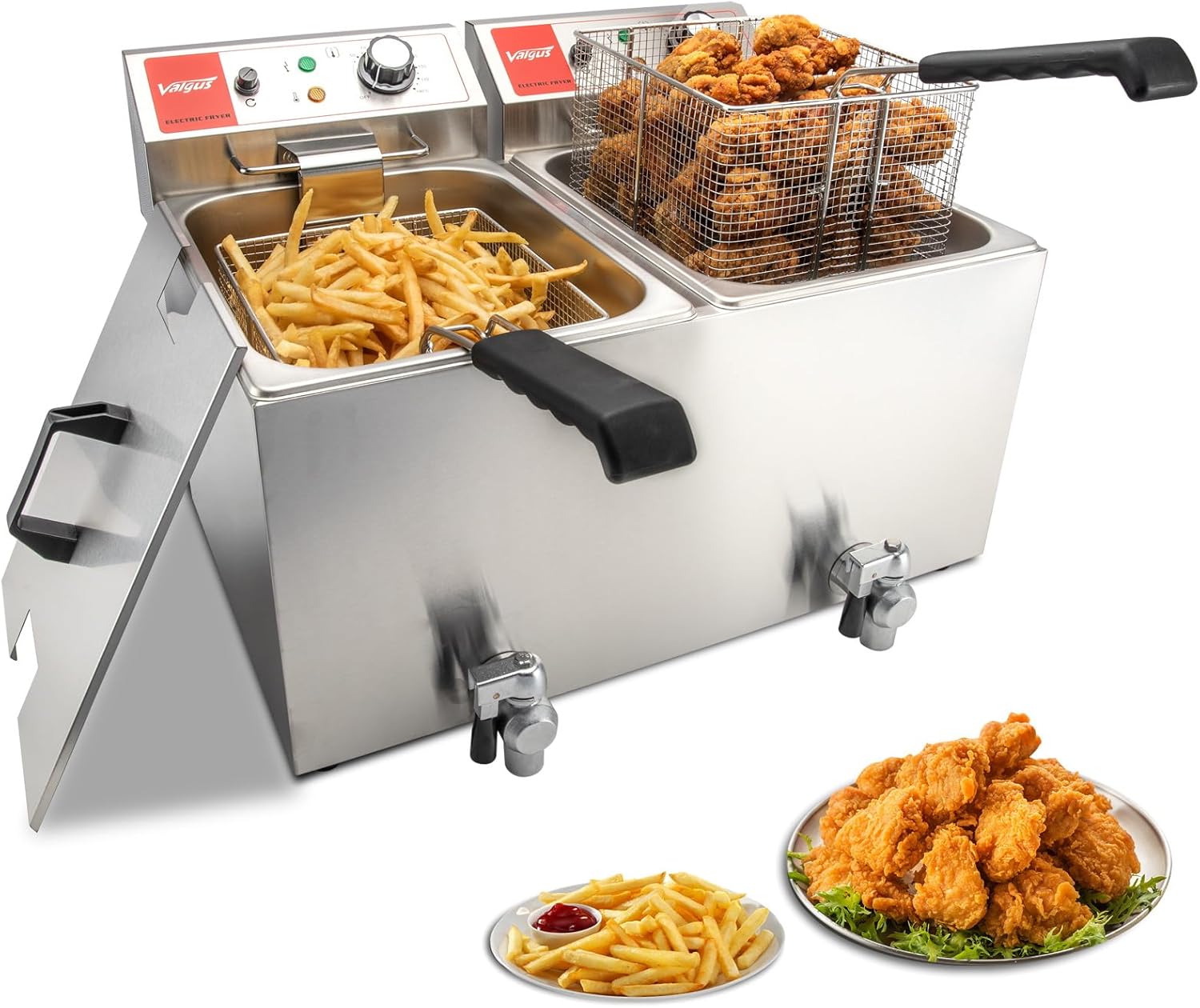 Valgus 3000W 30L Stainless Steel Professional Electric Fryer Large Capacity Bench Kitchen Fryer with Basket and Lid, Drain System for Restaurant and Home