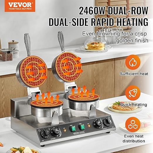 VEVOR Macchina per Waffle Commerciale Rotonda a Doppia Testa, Piastra Waffle Belga in Acciaio Inox Antiaderente 2460 W con Controllo Temperatura Tempo e Maniglia, per Ristoranti Panetterie, Snack Bar