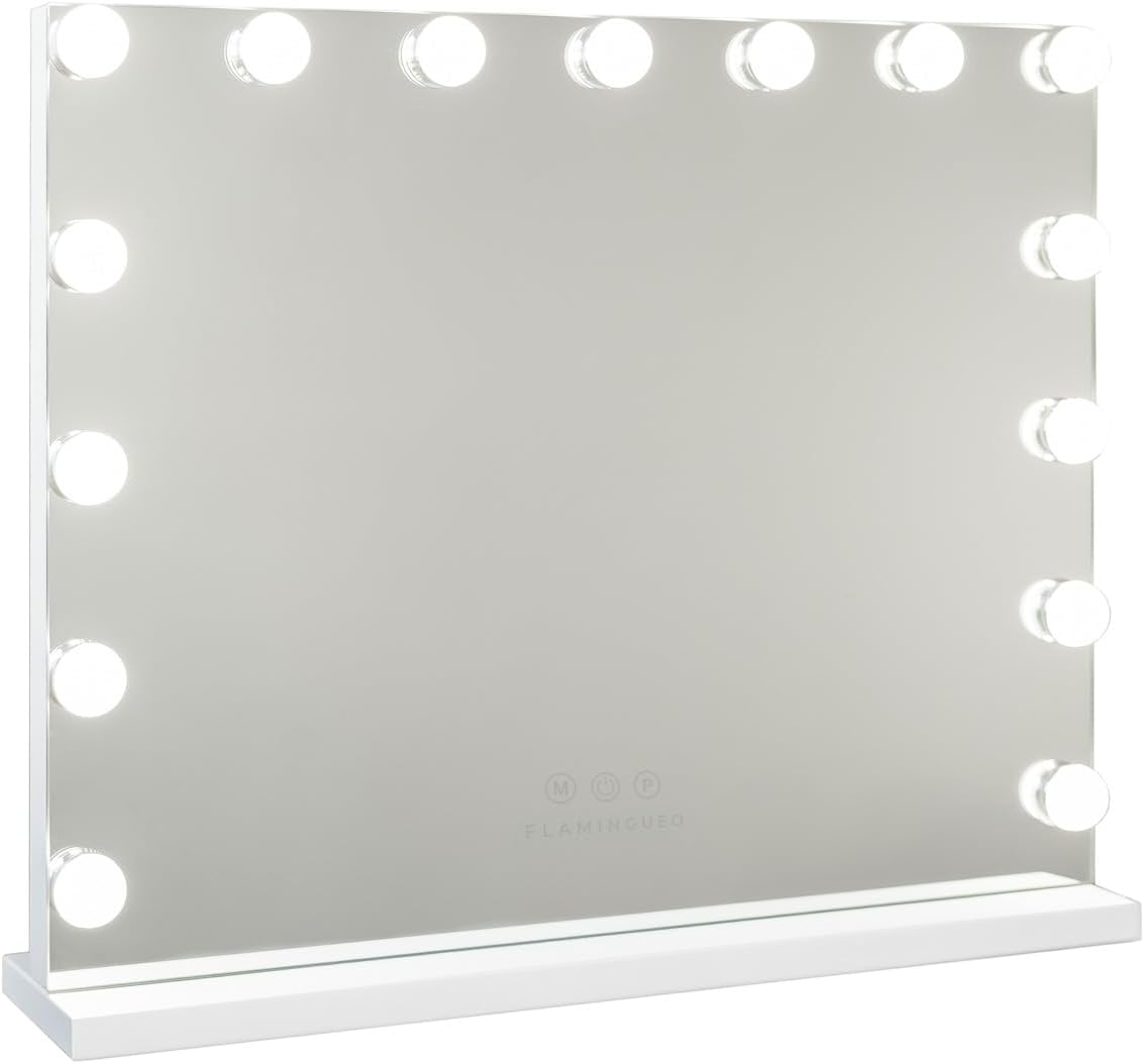 Flamingueo Specchio Trucco Con Luci, 15 LED, 3 Modi di Luce, Intensità Regolabile, Controllo Tattile, Presa USB, Accessorio Ingrandimento Incluso, Bianco, 58 x 46 x 12 cm