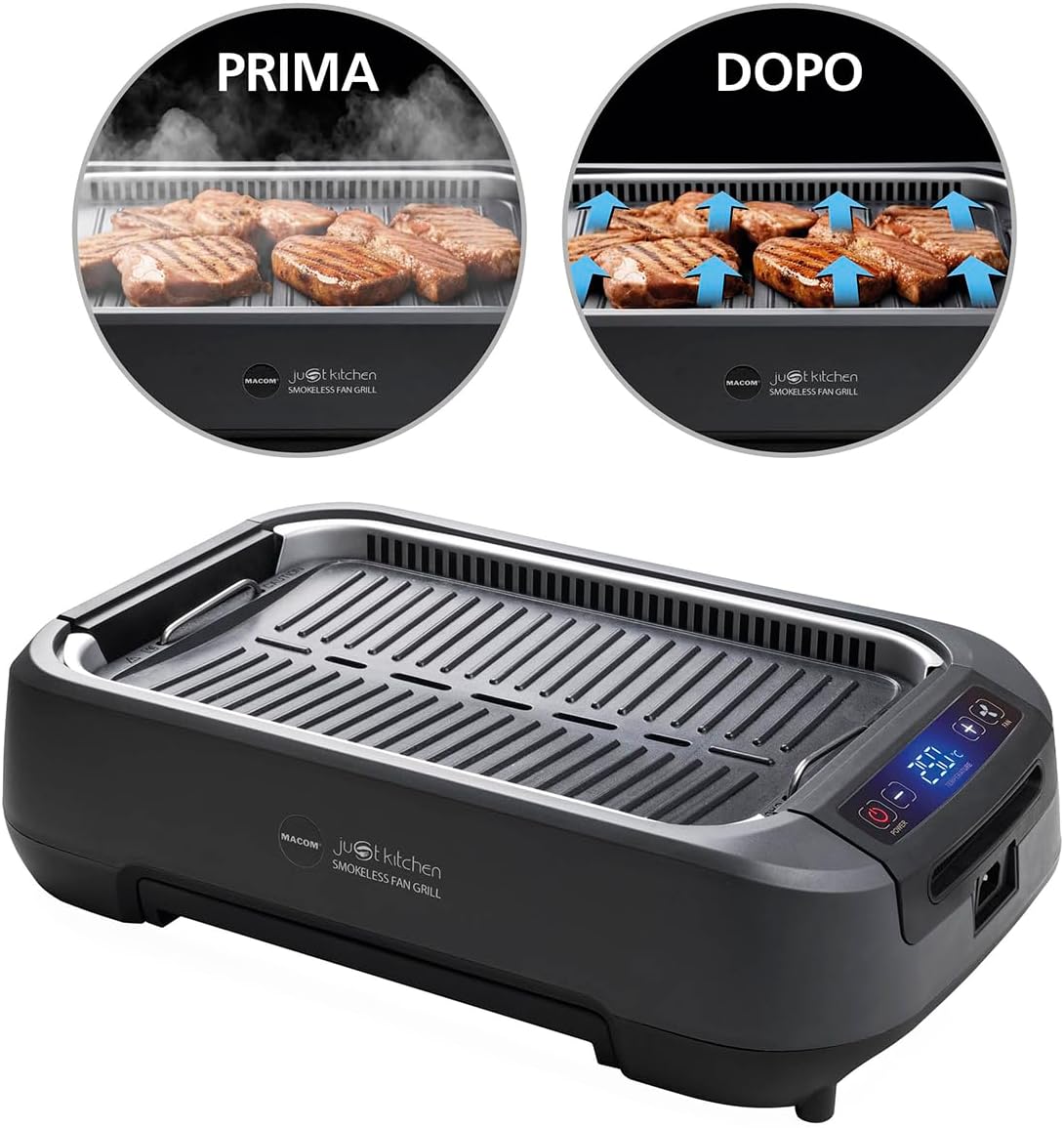 MACOM Just Kitchen 849 Smokeless Fan Grill. Indoor/Da casa. Piastra/Griglia Con cappa aspirante integrata e doppio sistema filtrante, Senza Fumo Senza Odori, Temperatura regolabile sino a 250°,1500W