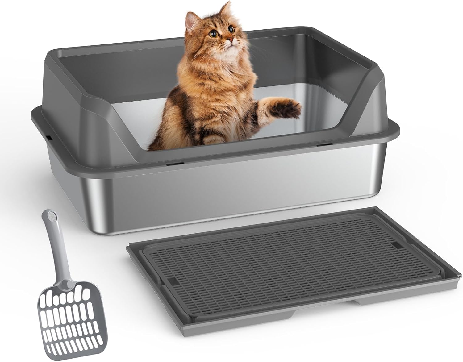 Euakee Lettiera Acciaio Inox, 50x35x25 cm Lettiera Gatto Acciaio Inox, Semi-chiusa Con Bordo Alto Rimovibile Tappetino Lettiera Una Facile Pulizia Design Anti-schizzi Perfetta per Maggior Parte Gatti