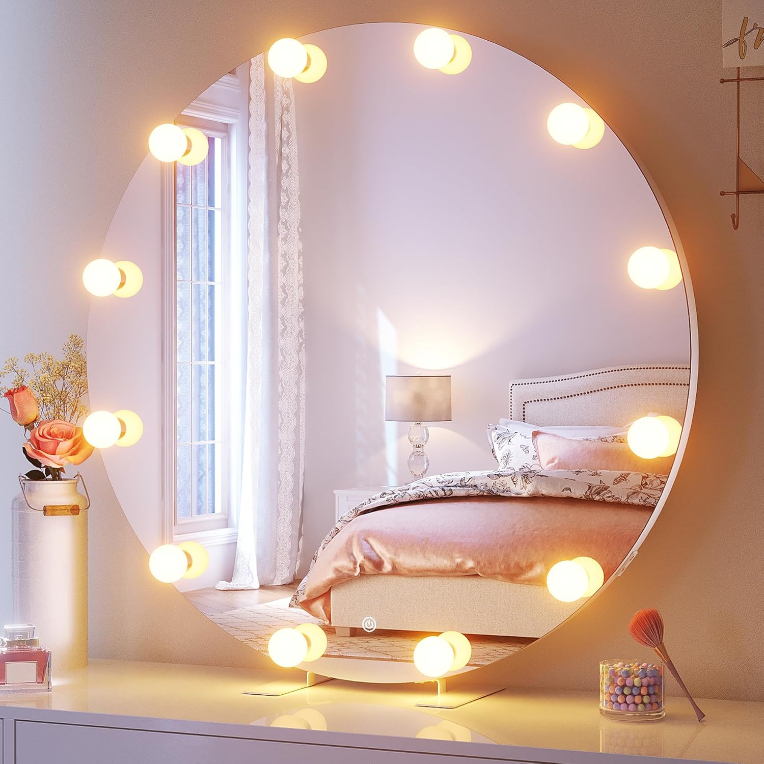 SONNI Hollywood Specchio con illuminazione 80 x 60 cm, specchio da trucco con Bluetooth e porta di ricarica USB, 14 lampadine a LED, grande specchio cosmetico con 3 temperature di colore e lente