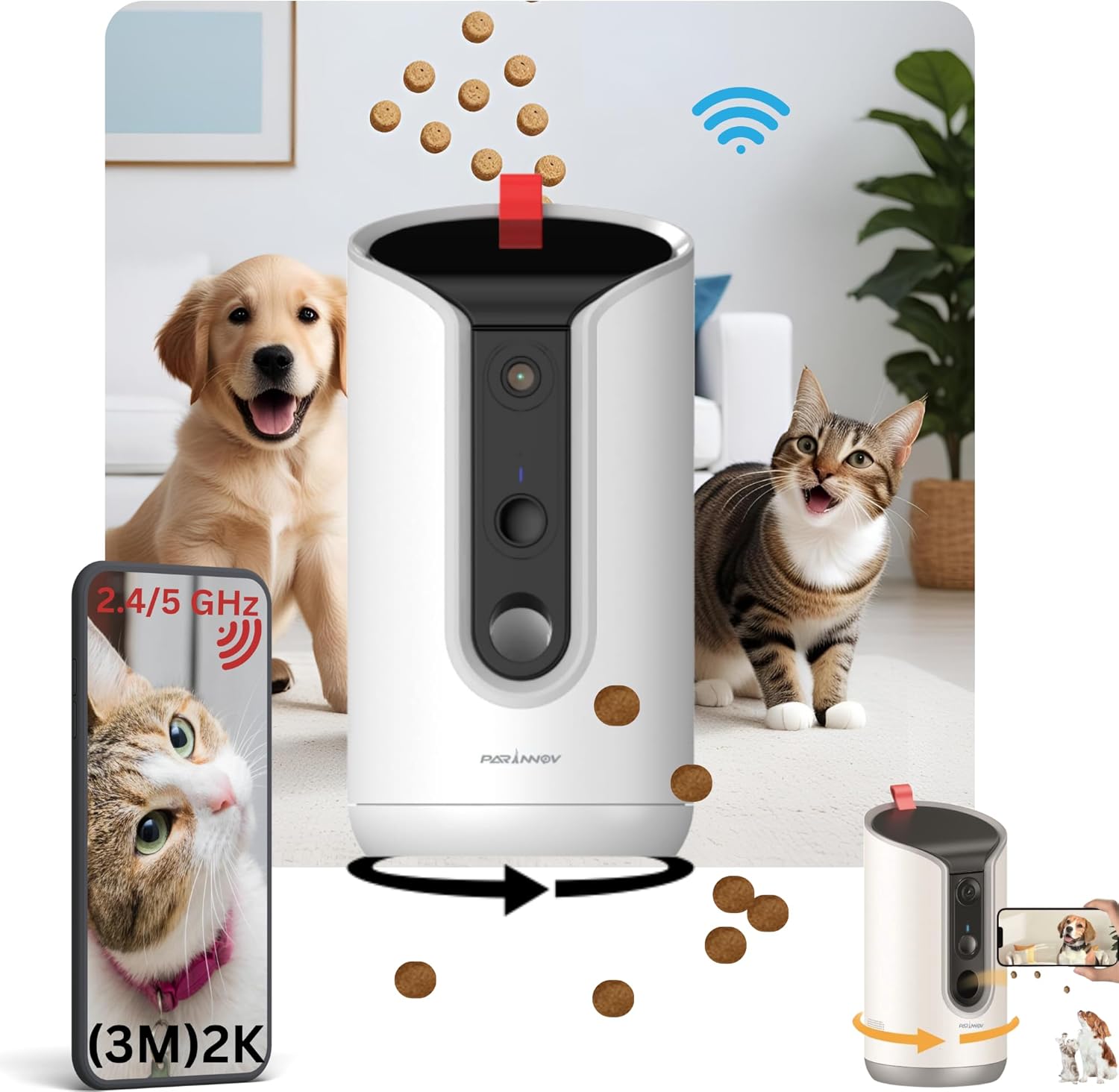 PARINNOV - 2K Telecamera animali domestici [SENZA ABBONAMENTO] Vista 360°, Distributore di cibo e dolcetti tramite app, Notturna, Telecamera per cani e gatti, Rilevamento di abbai, suoni e mov., Alexa