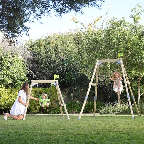 TP Toys Forest Acorn   Altalena in legno con 2 altalene regolabili e picchetti, in legno trattato a pressione, certificato FSC, struttura a ghianda da bassa a piena altezza, dai 3 anni in su : Giochi e giocattoli