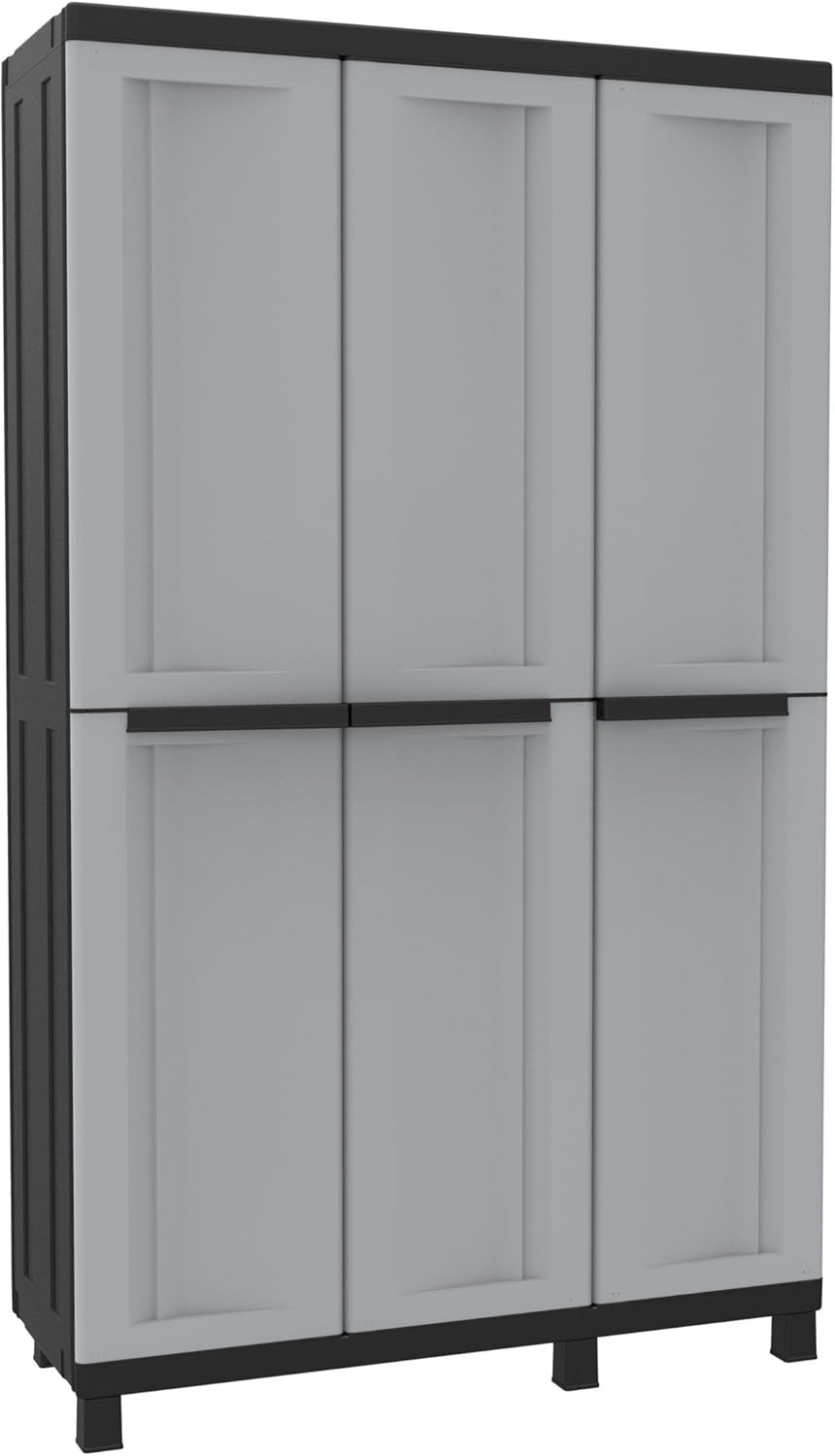 Terry - Twist Black 102a, Armadio Multifunzione a 3 Ante, Portascope con 2 Vani Separati, da Esterno e Interno Coperto, in Plastica, 102x39x170 cm