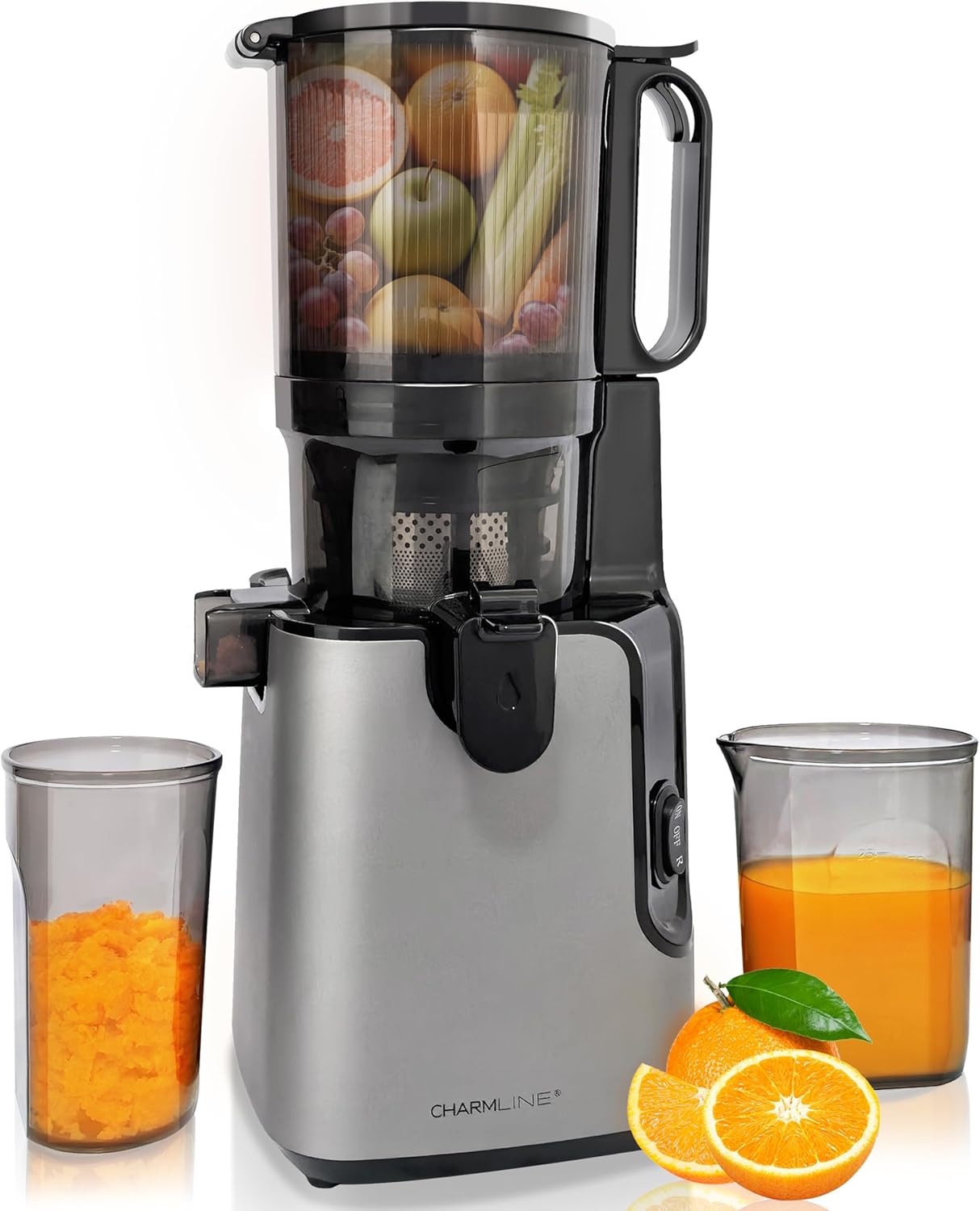Charmline Estrattore Frutta e Verdura a Freddo, Bocca Larga 130mm, Facile da Pulire, 1,8L Capacità, Slow Juicer Elettrico per Succhi di Frutta e Verdura