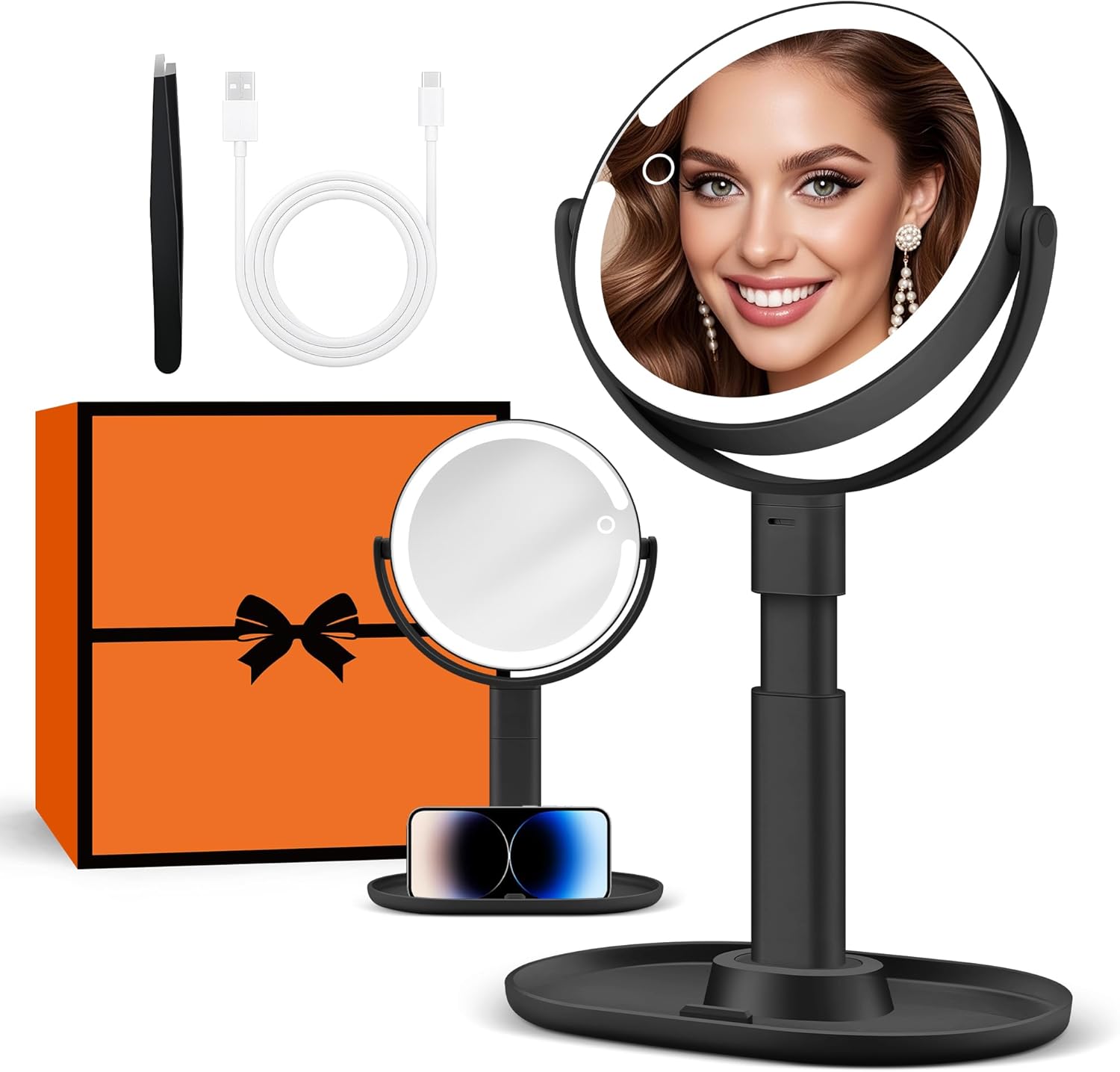B Beauty Planet Specchio da Trucco Illuminato 30 X con 3 Luci di Colore, LED Dimmerabile e Regolabile in Altezza 鈥?Specchio Cosmetico 2 Lati per Bagno 鈥?Regalo per Donne Bianco