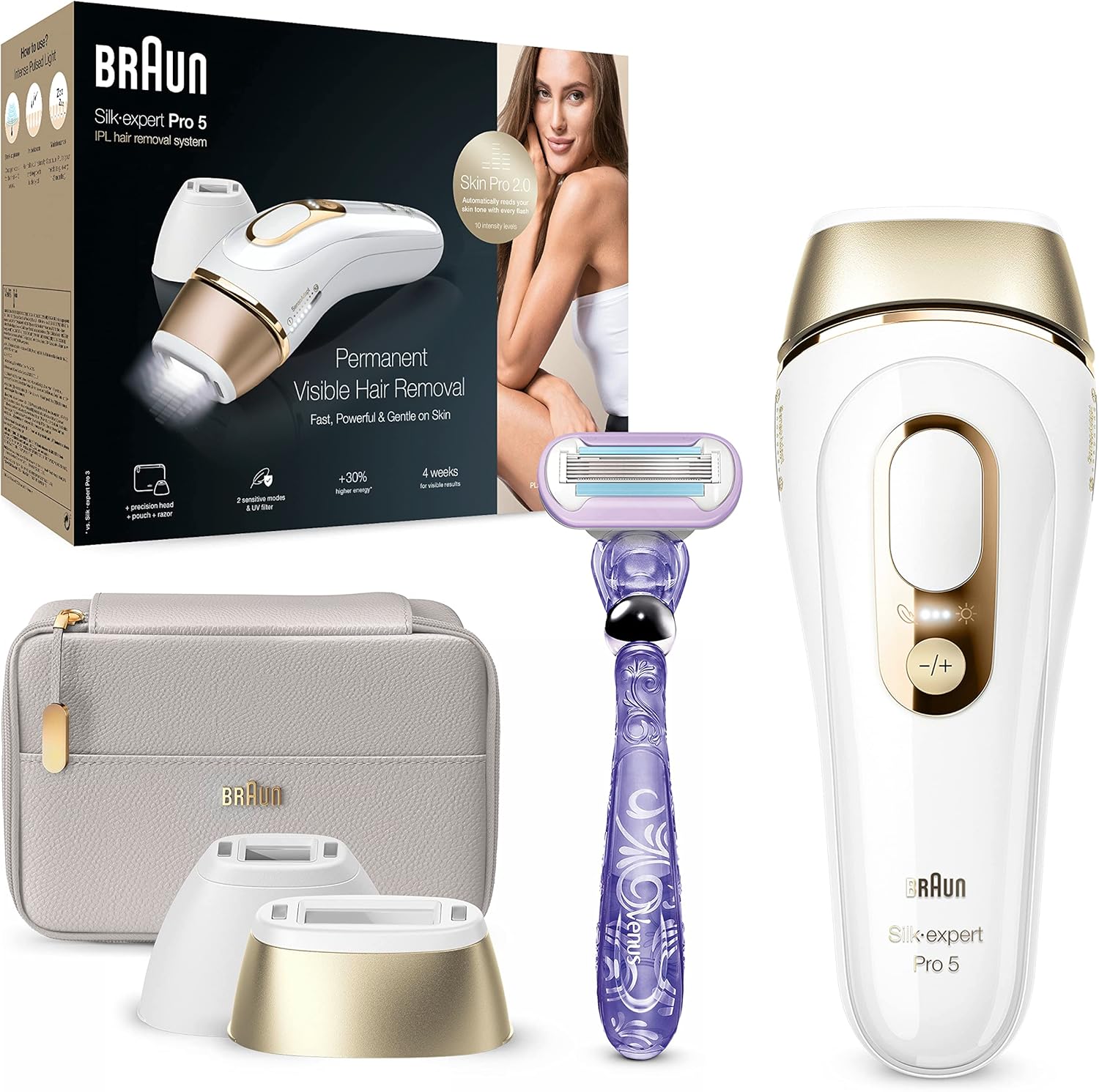 Braun Silk Expert Pro 5 Epilatore LUCE PULSATA Alternativa al laser, Ideale per Zone Sensibili, Viso, Bikini e Ascelle, 2 Accessori, Rasoio, Custodia Viaggio, Idea Regalo PL5157 Bianco e Oro