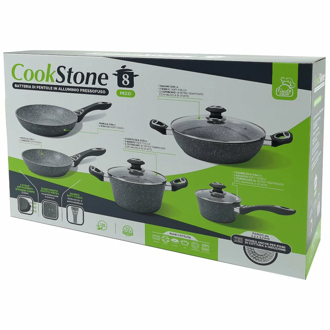 Batteria di pentole 8 pezzi con coperchi in vetro e fondo a induzione Linea CookStone