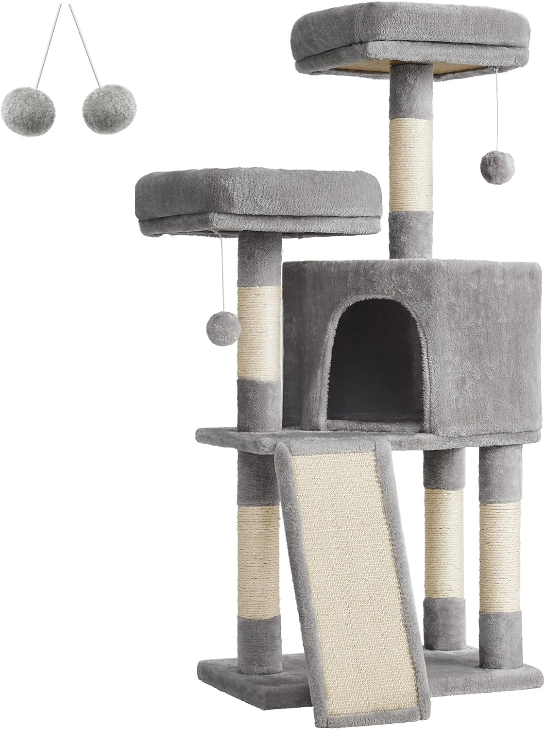 FEANDREA Cat Tree, 115 cm, Scratcher House, Light Grey PCT141W01