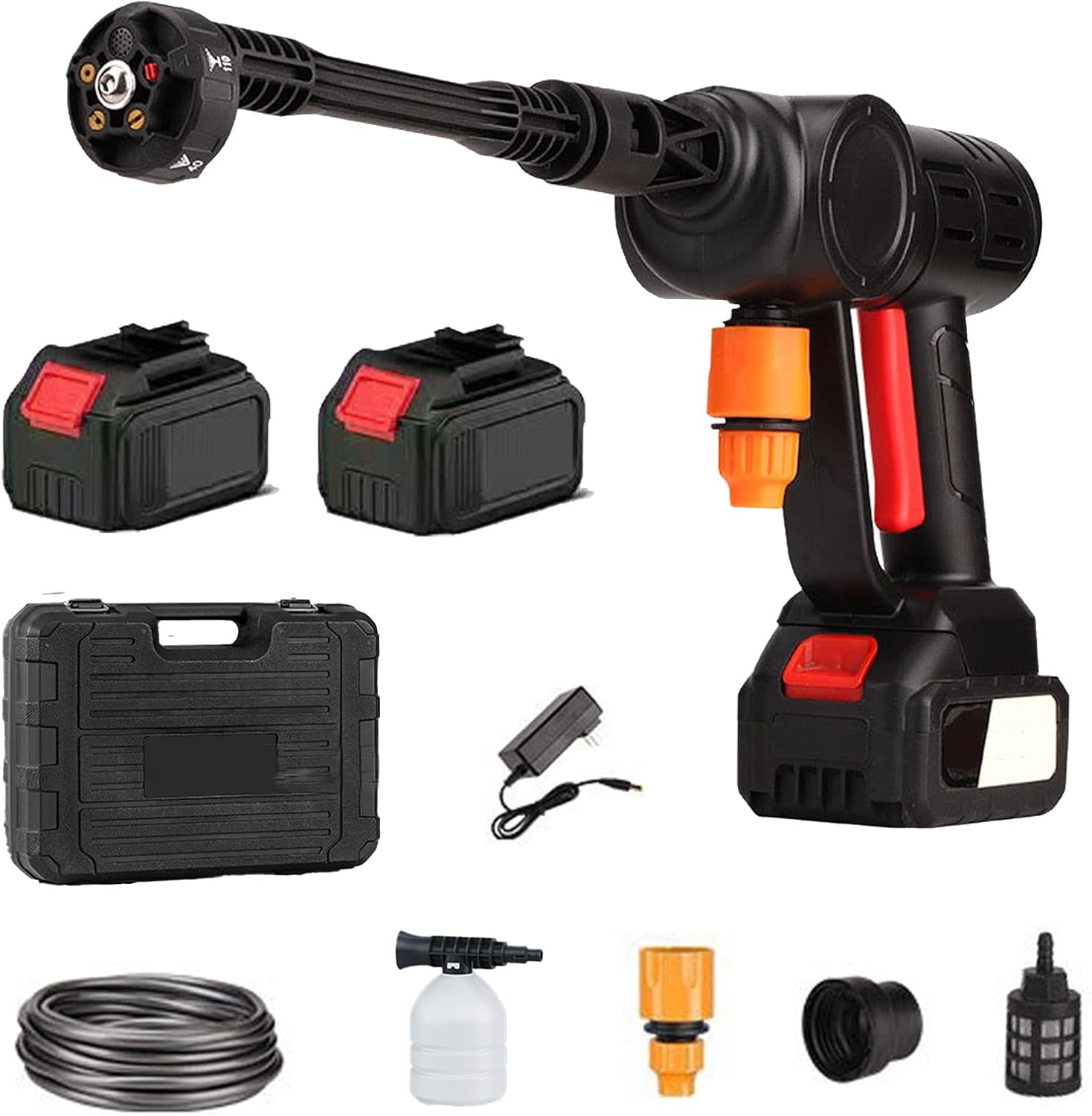 Idropulitrice a batteria, 2 Batterie 21V Idropulitrice portatile con Tubo 10mt, 6 in 1 Ugello Pistola Idropulitrice Wireless per Auto Giardino Terrazza Prato e Irrigazione (Nero)