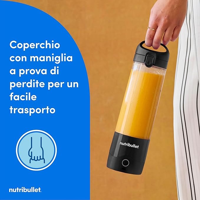 Nutribullet Leggero Frullatore Portatile, 475ml BPA Free Tritan, Mini Frullatore, Lama a 4 Punte in Acciaio Inox, Frullatore Multifunzione, Caricatore USB-C, Oltre 15 Cicli Frullatura, NBP003B, Nero