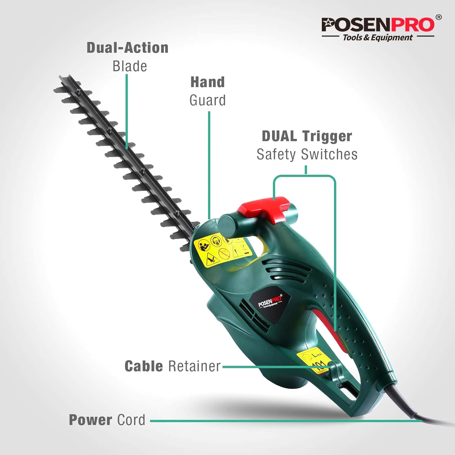 POSENPRO Electric Hedge Trimmer, 450 W, Electric Hedge Trimmer 230-240 V, Blade Length 450 mm, Teeth Distance 16 mm, Super Light 2 kg, Ideal for Pruning Hedges and Shrubs