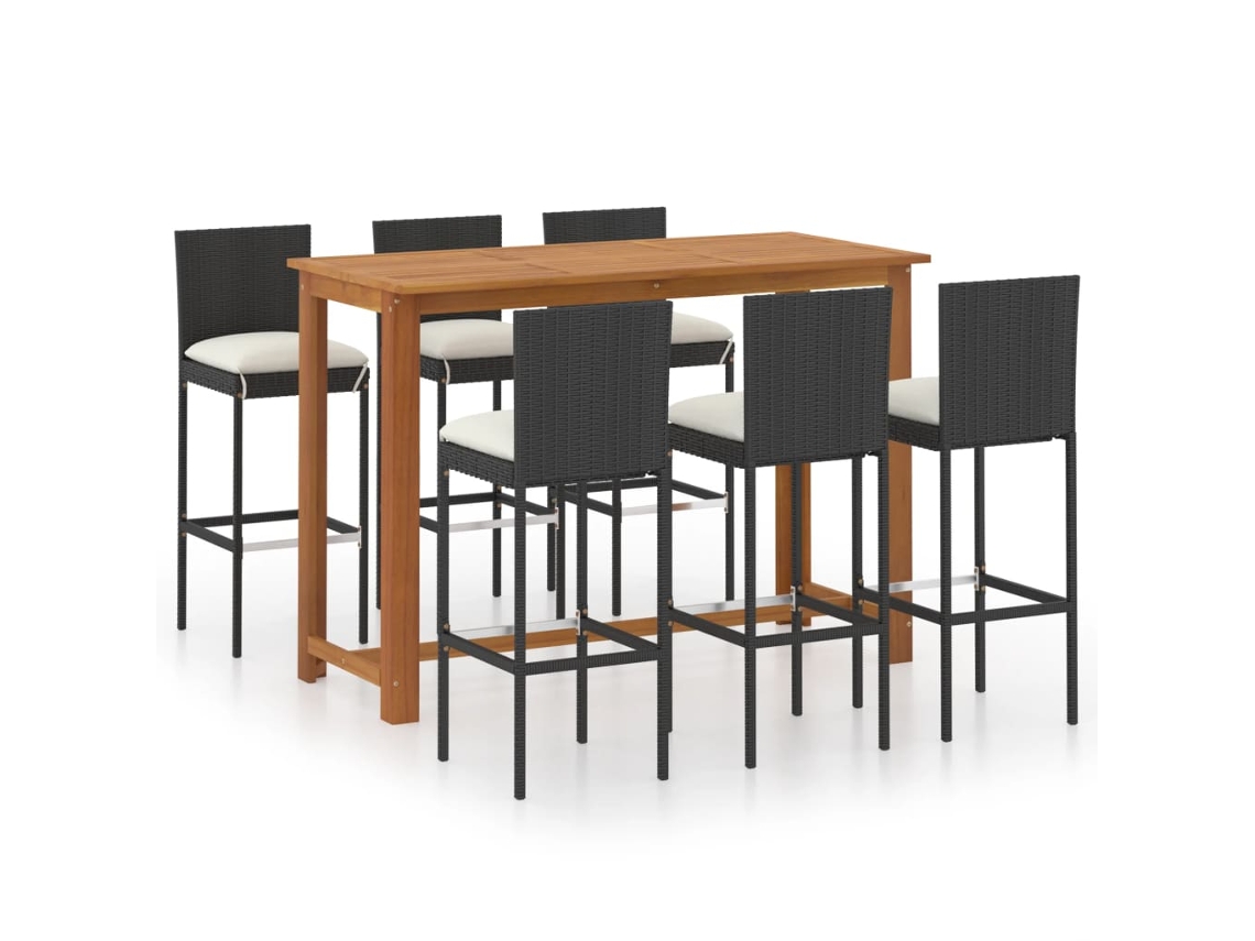 Conjunto de Bar de Jardim de 7 Peças com Almofadas Pretas