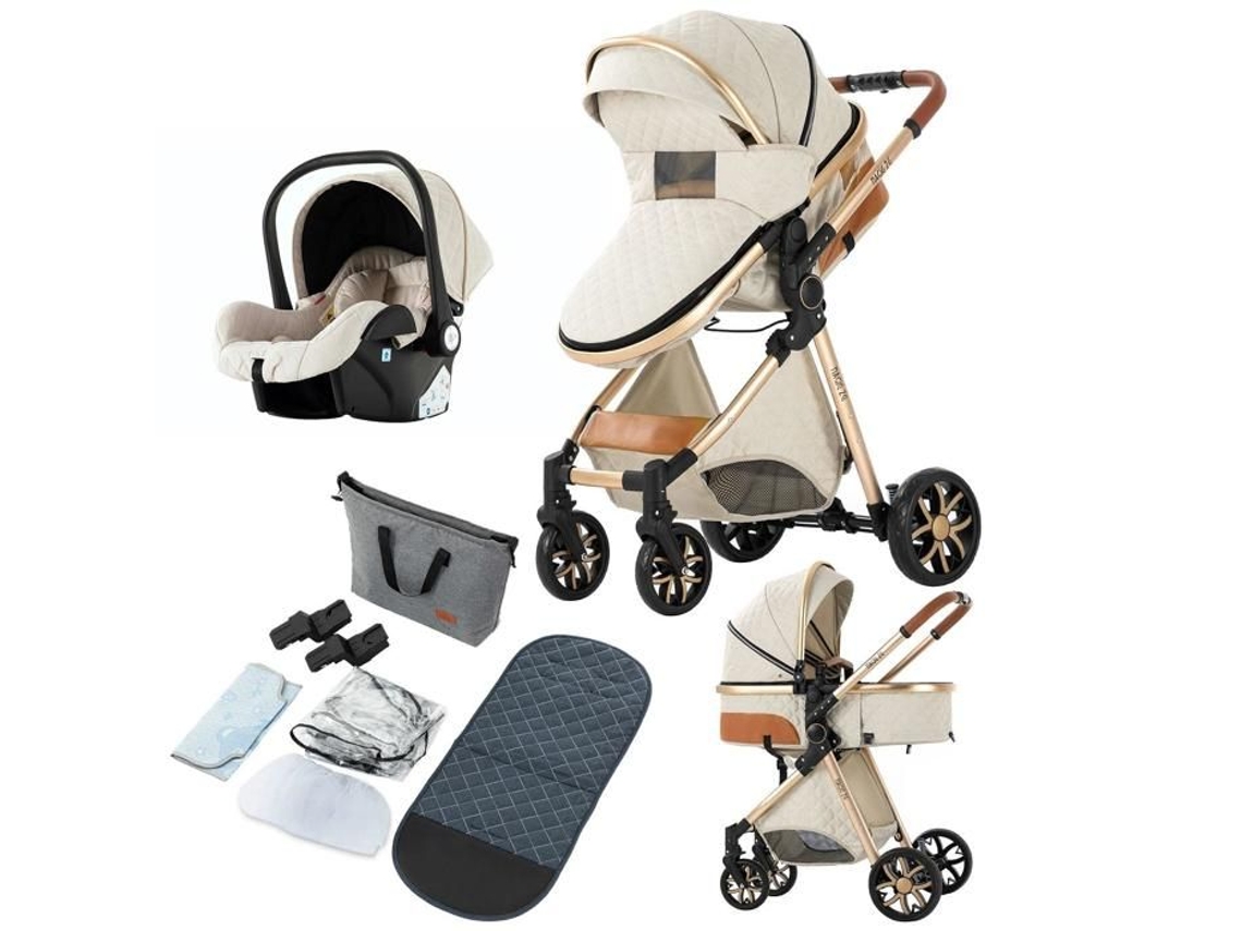 Bazarlândia30. 3 em 1 Carrinho de Bebê Assento Combinado Assento de Carro Trio Reversível Ajustável Alta Qualidade Rodas Inquebráveis Off White