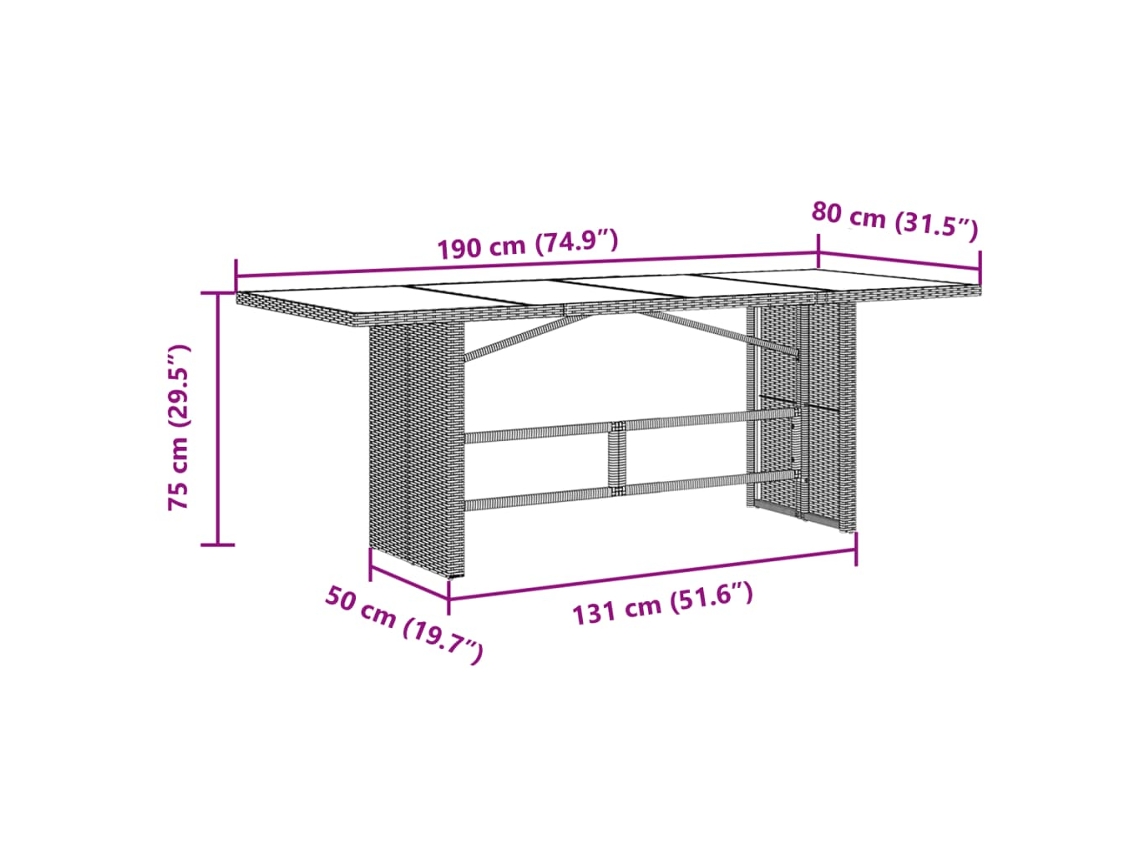Mesa de Jardim com Tampo de Vidro 190X80X75 Cm Vime Pe Castanho PANGSHIYUAN