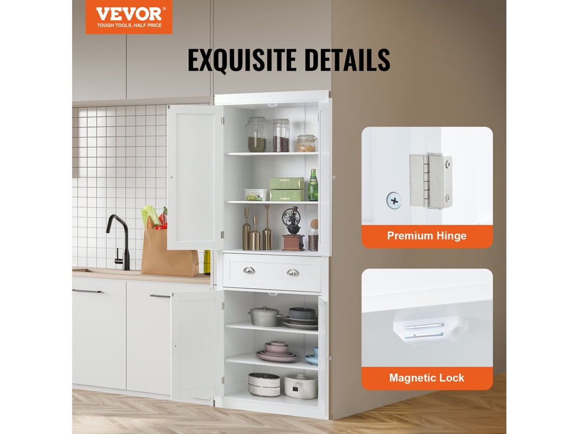 VEVOR 72 Cozinha Despensa Arrumação Armário Alto 4 Portas 3 Prateleiras Ajustáveis