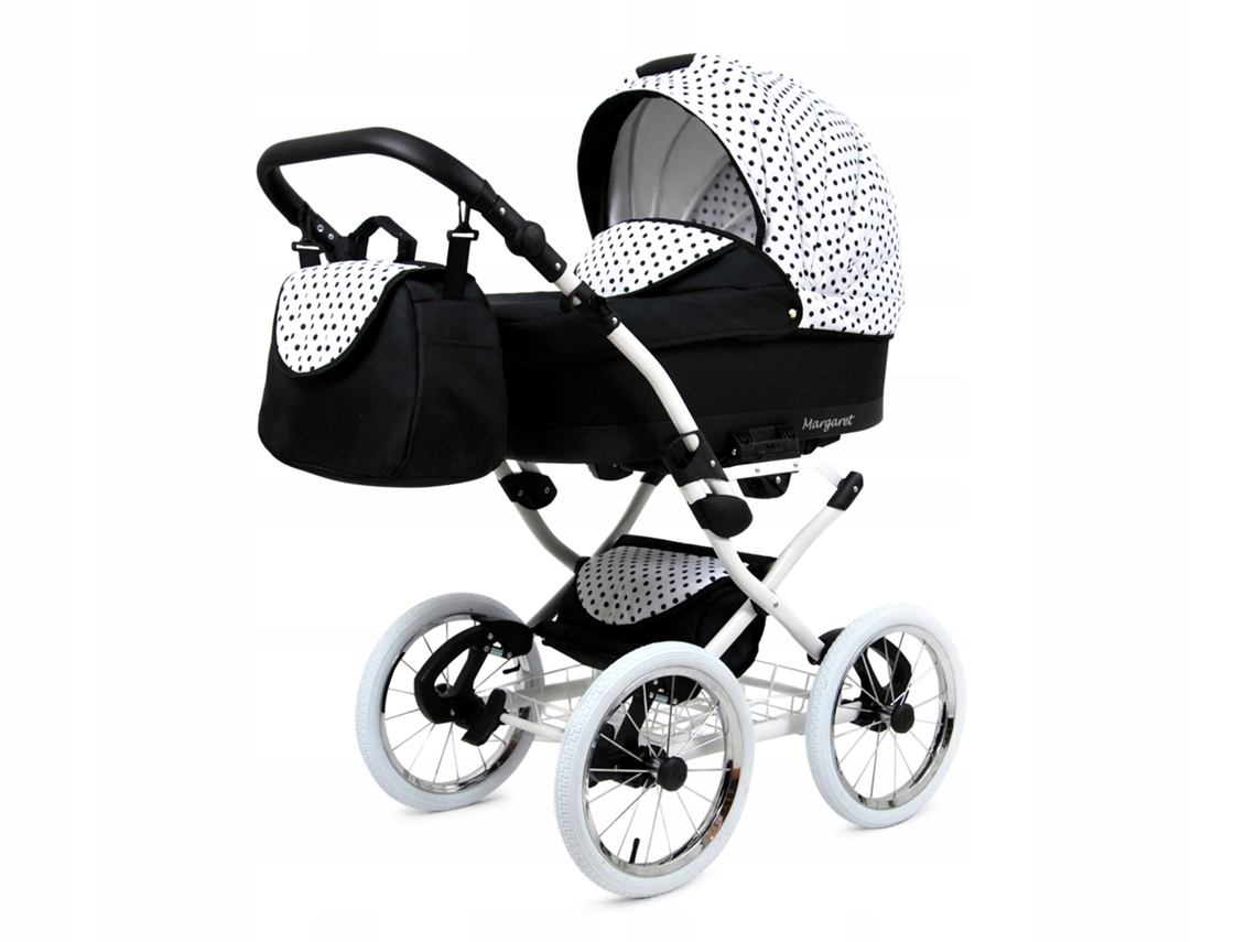 Carrinho de Bebé Multifuncional BABYLUX MARGARET WHITE 4 Em 1 -Black Dots - Ajustável e dobrável Construção leve em alumínio - Acessórios