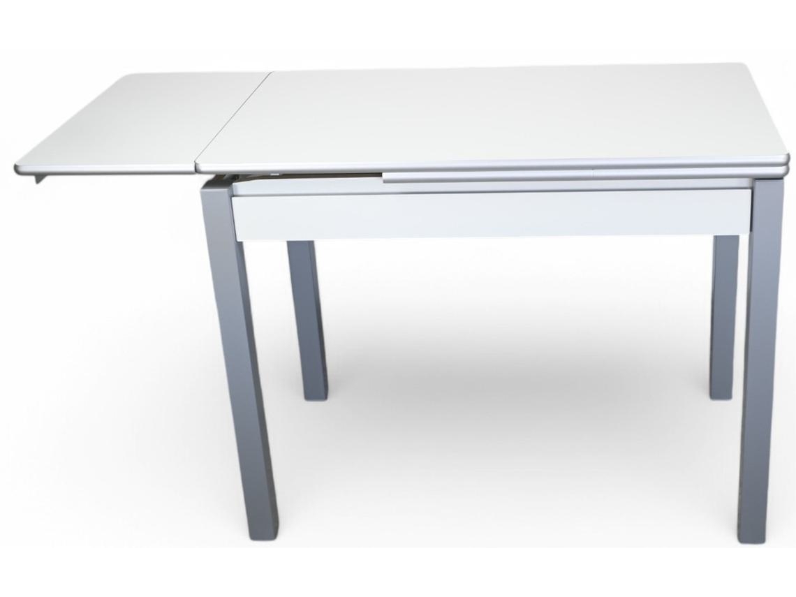 Mesa de cozinha extensível modelo Monique é feita à mão em melamina branca e bordas prateadas GSMESAS (100/164x60x75cm)