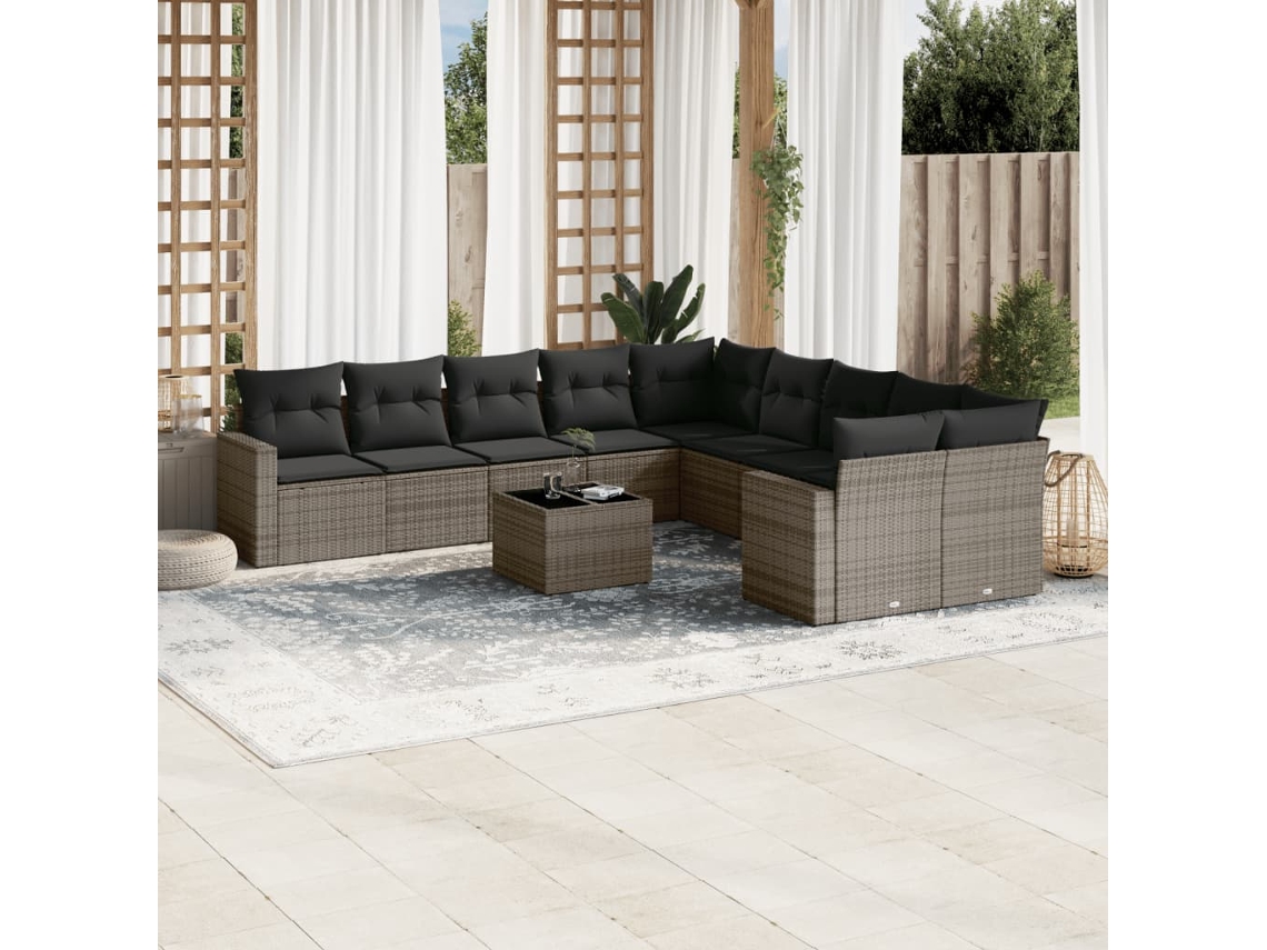Conjunto 11 sofás de jardim c/ almofadões VIDAXL vime PE cinzento