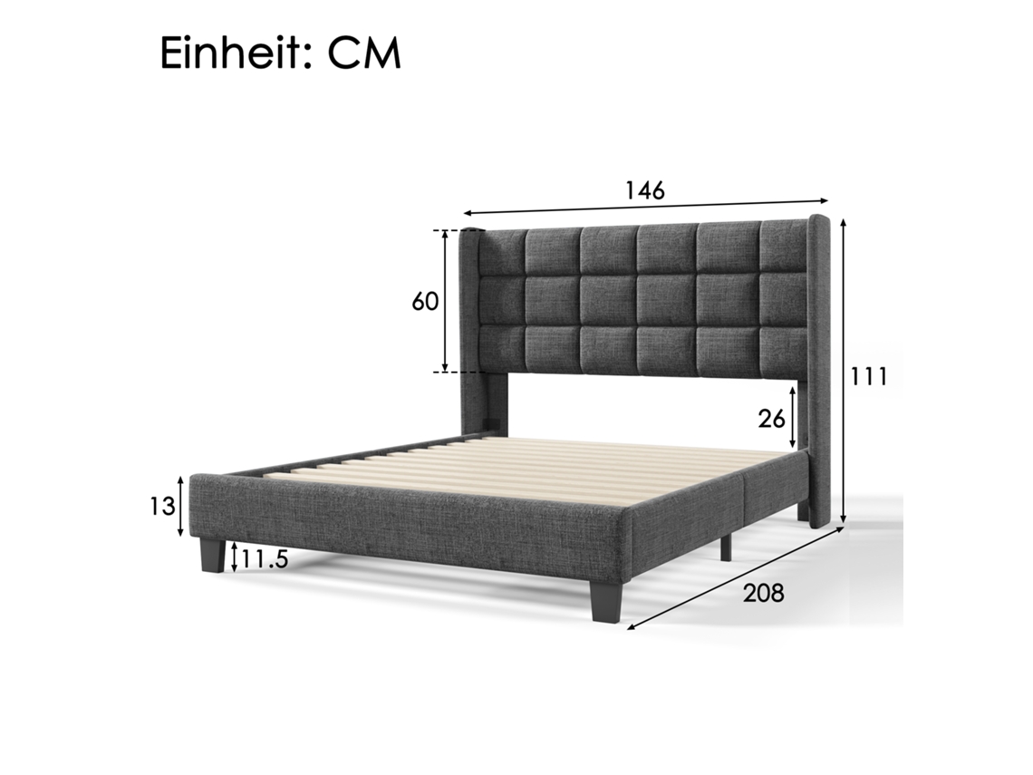 Cama Estofada Com Sua Cabeceira Estofada Cama De Casal Com Base Ripada, 140x200cm, Em Linho Cinza, Firme Média (sem Colchão)