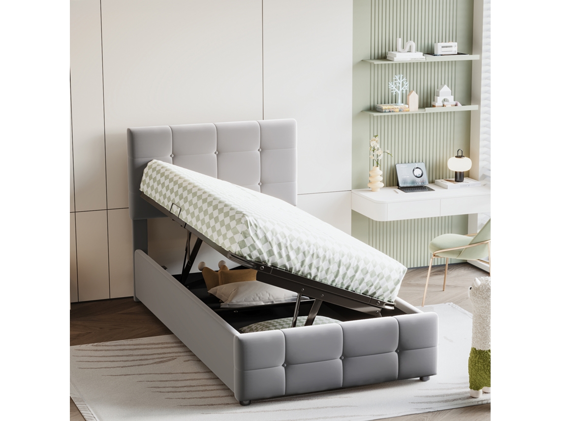 Cama Estofada 90x200 Cm, Cinzento, Cama De Arrumação