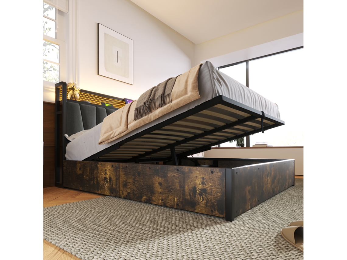 Cama De Casal 140x200 Cm Cama Em Metal Com Led App Control Carregamento Usb, Cabeceira E Iluminação Led, Ripas De Madeira, Cinza Estilo (com Colchão)