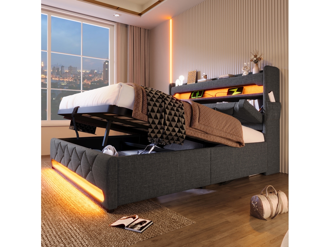 Cama Com Baú Acolchoada 160x200 Cm Com Led E Portas Usb Tecido De Linho Cabeceira Com Espaço De Arrumação Cinzento Estilo