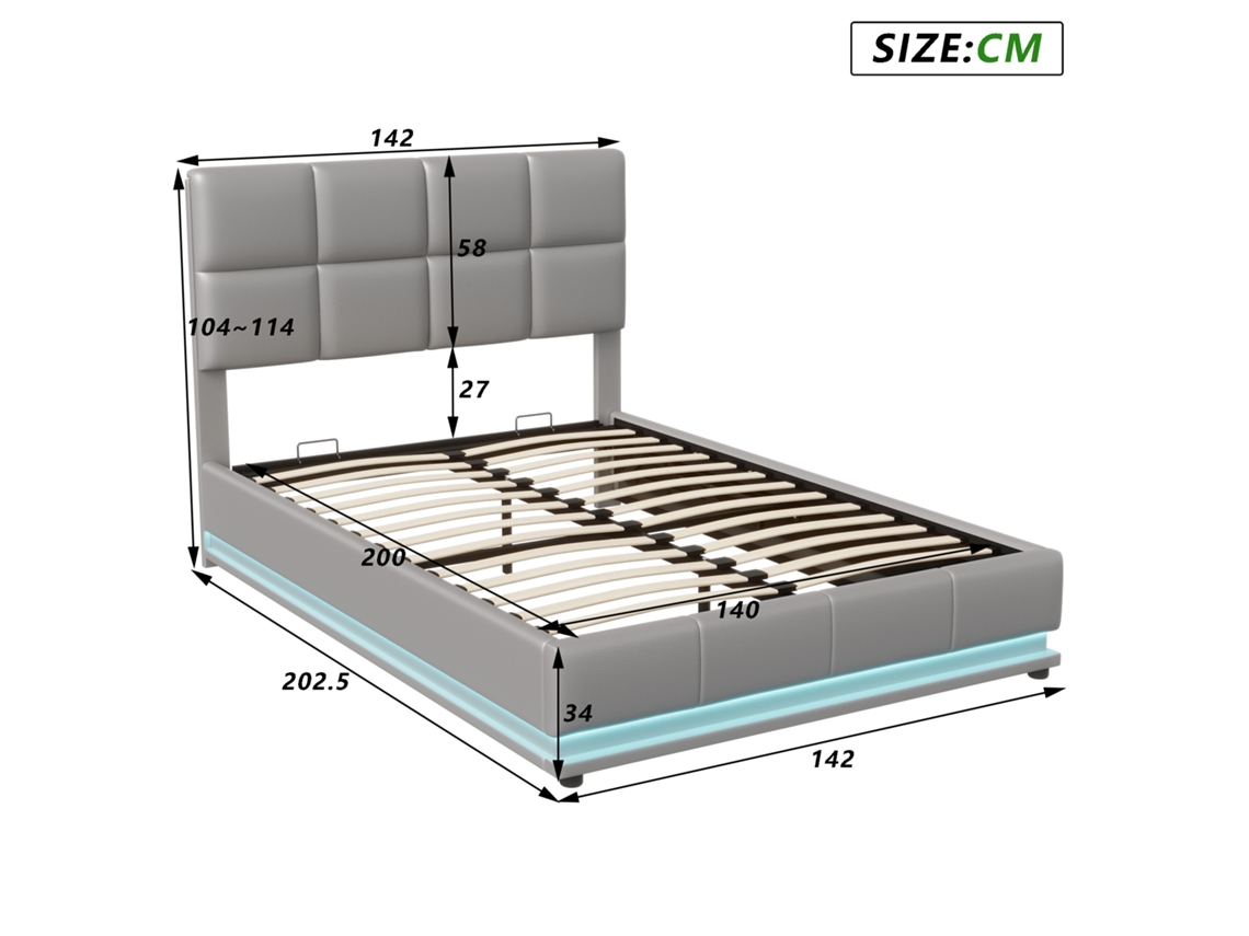 Cama De Casal 140x200 Cm, Cama Hidráulica Com Arrumação E Estrado De Ripas, Cama Estofada Com Cabeceira Em Pu, Cama Moderna Para Adultos E Jovens
