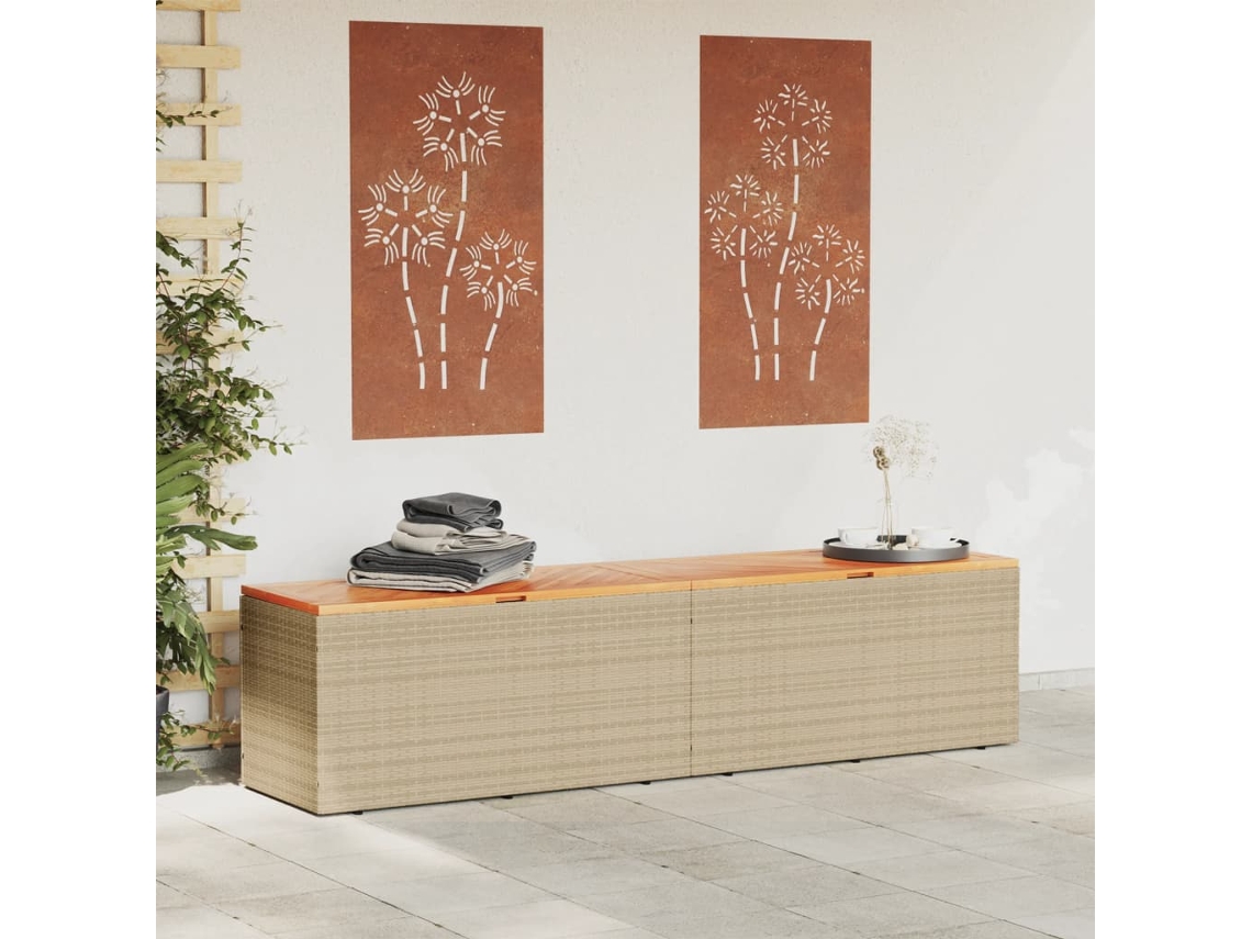 Caixa Arrumação Jardim 220X50X54 Cm Vime Pe/Acácia Maciça Bege PANGSHIYUAN