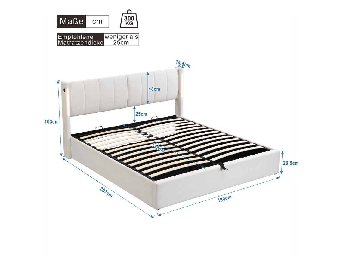 Cama Com Cabeceira E Arrumação Estofada Hidráulica Iluminação Led Espaço Gutent Pele Sintética Branco (180x200)