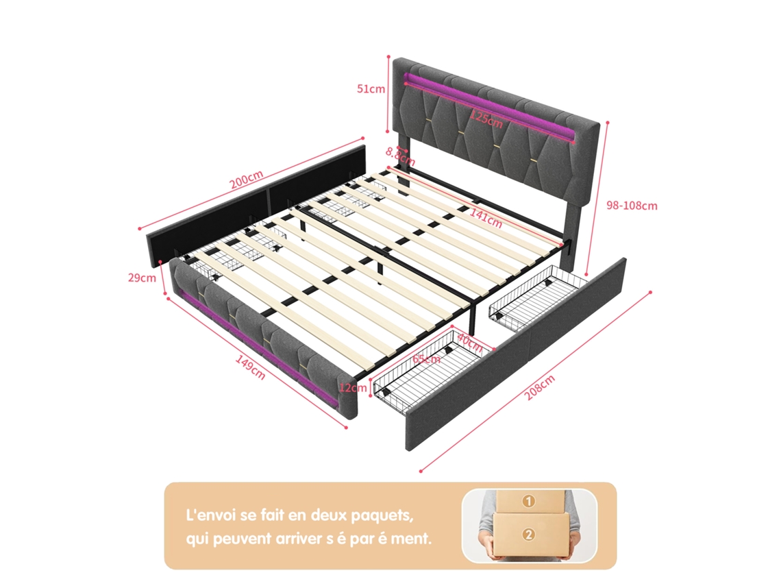 Cama 140 X 200 Cm, Cama De Casal Estofada Com 4 Gavetas De Arrumação, Cama Com Molas, Usb E Led, Estrutura Metálica Resistente, Linho, Cinza
