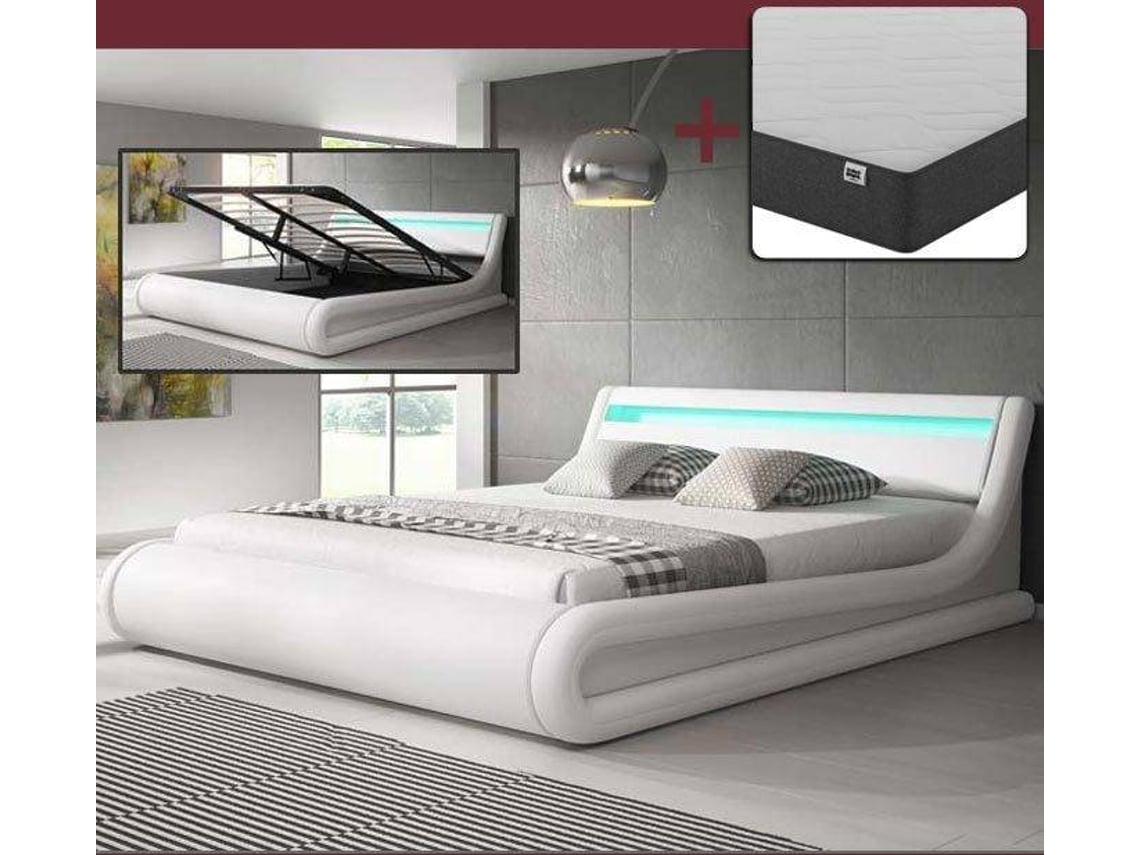 Cama com Colchão Parisina MÓVEIS BONITOS (Branco - Polipele - Colchão 150x190cm - com Estrado Elevatório)