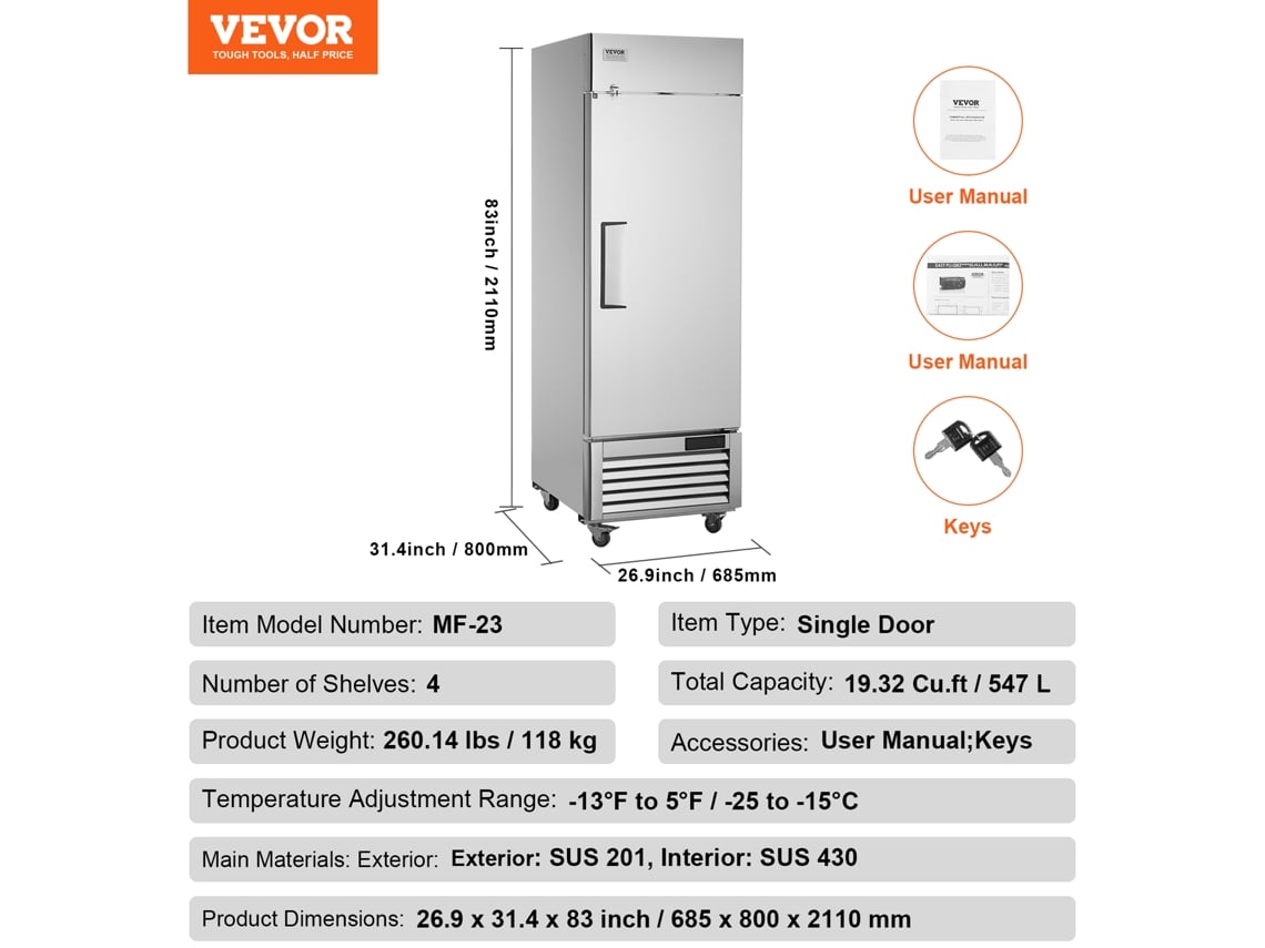 Alcance Comercial Do Congelador 20 12 Cu.Ft de VEVOR Nas Prateleiras Eretas Da Porta 3 Do Congelador 1