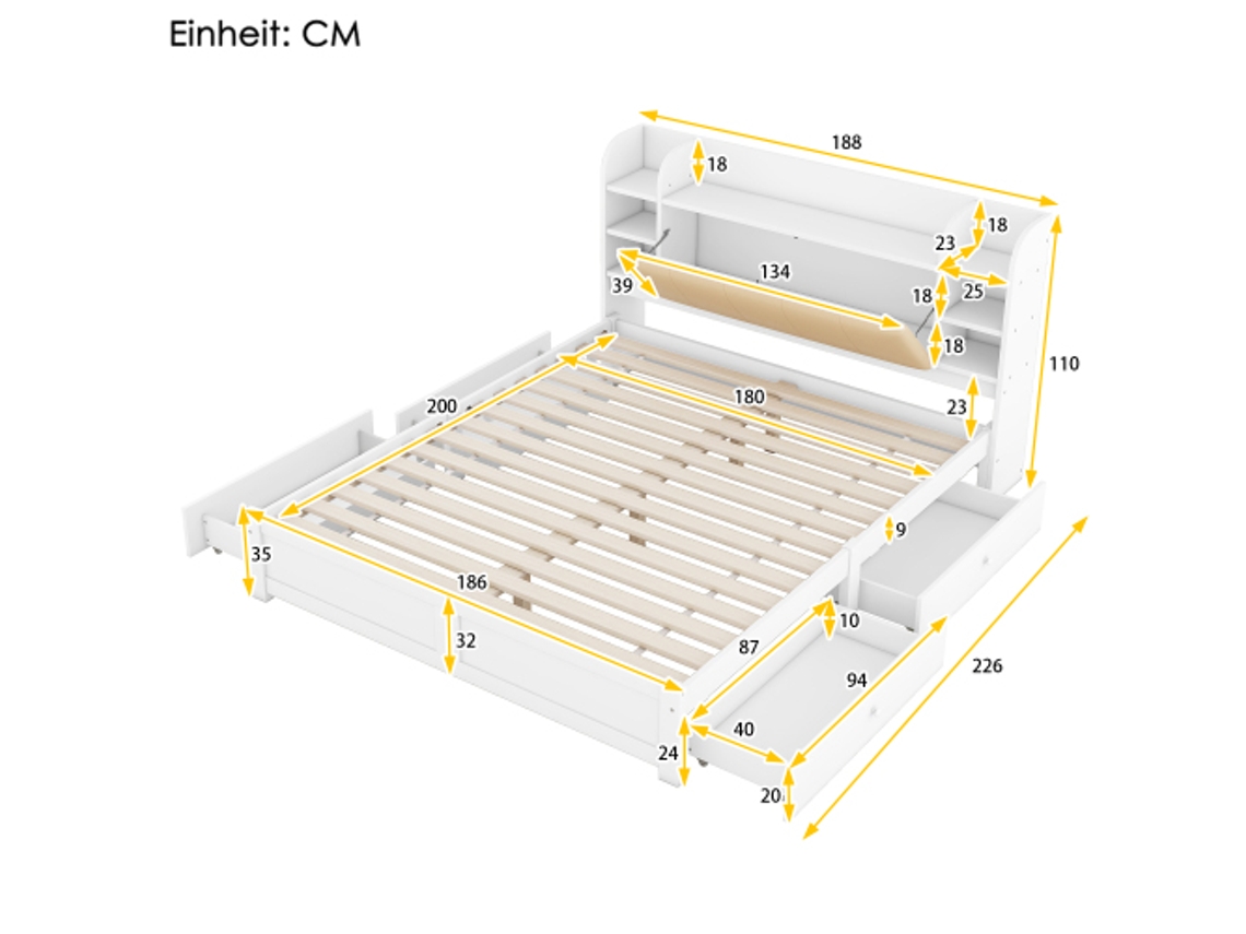 Cama Plana De 180200 Cm, Cabeceira Parcialmente Dobrável, Quatro Gavetas, Vários Compartimentos De Armazenamento, Branca Hvorstur