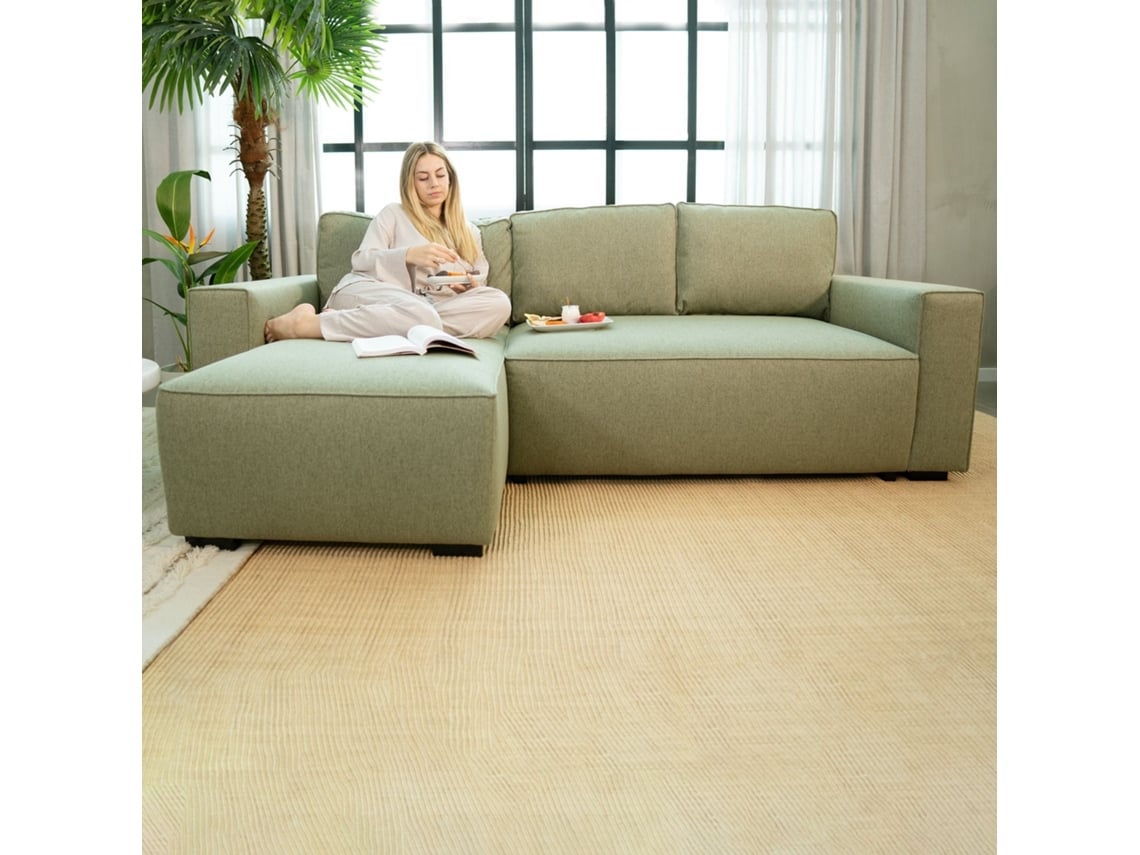 Sofá Cama 3 Lugares BUDWING Jade Verde + Chaise Longue + Arrumação Integrada (239 x 157 x 91 cm - Reversível Lado Direito/Esquerdo)