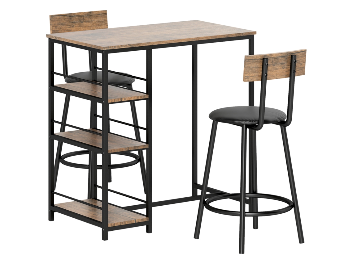 Conjunto De Balcão De Bar Com 2 Banquetas, 3 Peças Mesa Para Cozinha, 3 Prateleiras, Aço E Carvalho, Estilo Moderno Para Sala De Jantar Liptaptyn