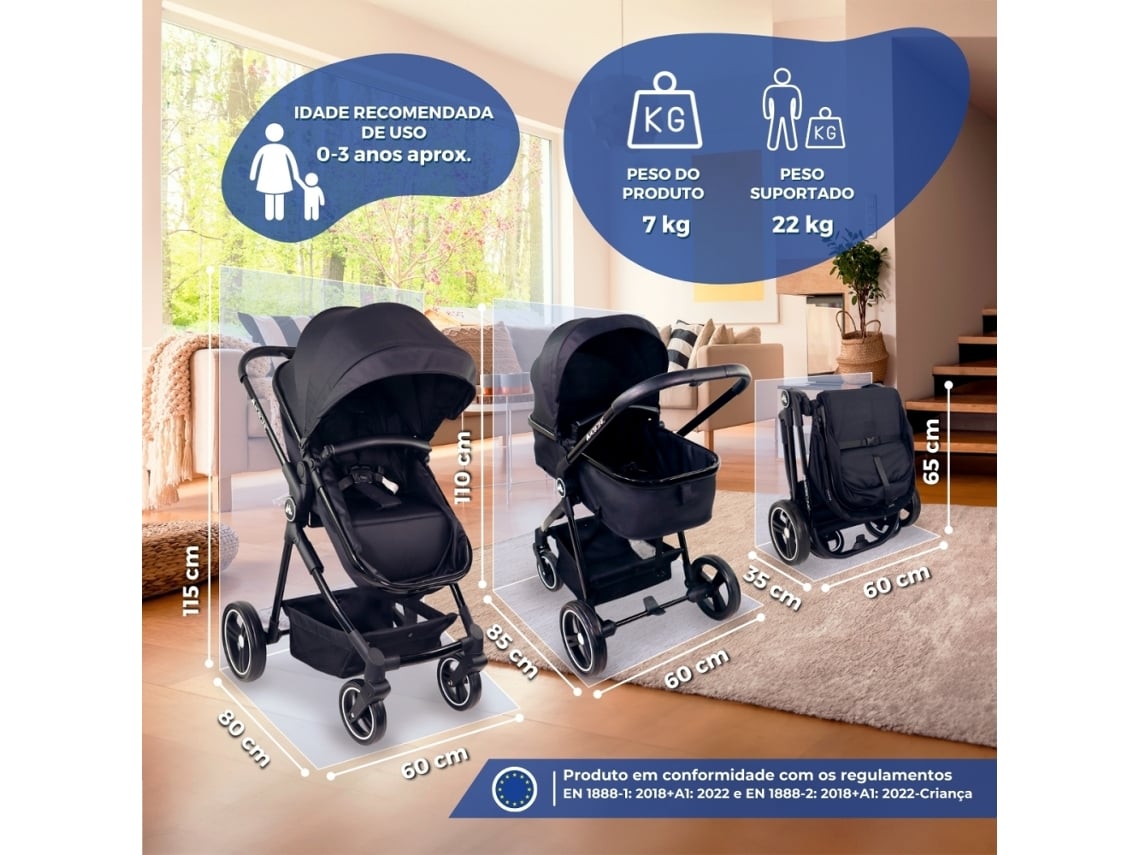 Carrinho bebé 2 em 1 Mobiclinic Dobrável ultracompacto Alça monocomando Arnês de 5 pontos Barra removível Preto Nuit