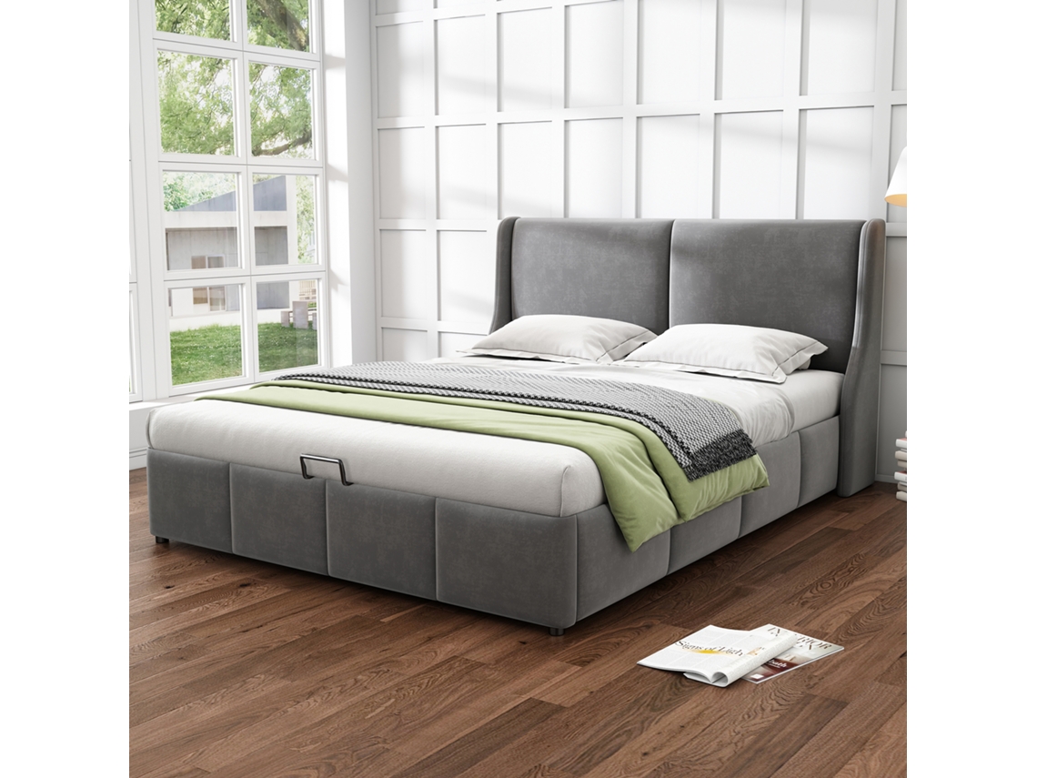 Cama Estofada, Forma De Orelha, Cabeceira De Travesseiro, Cama De Casal, Cama Funcional Hidráulica, 140 X 200, Cinza