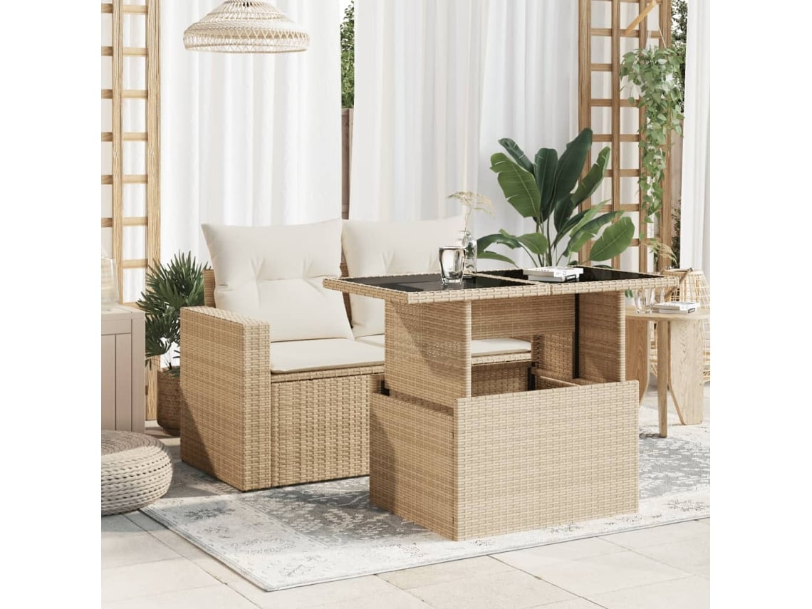 Mesa De Jardim Vime Pe Bege Com Tampo De Vidro 100x55x73 Cm