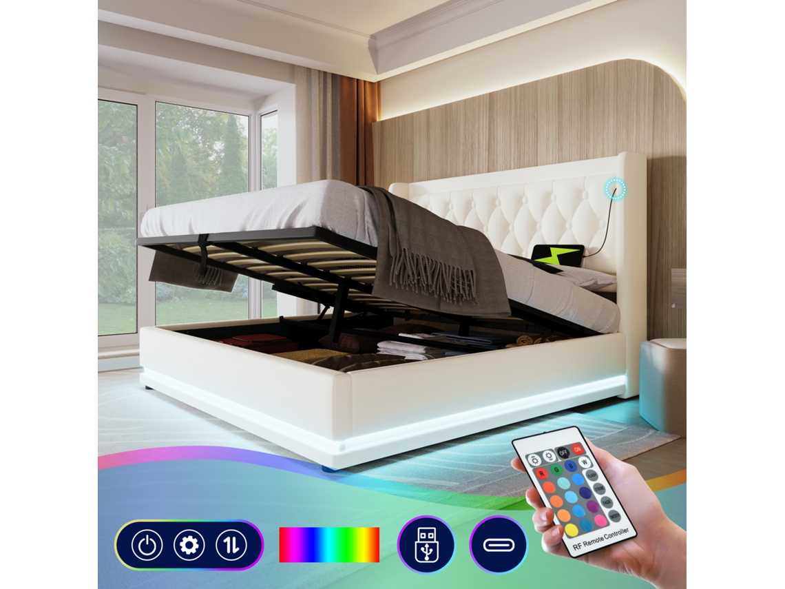 Cama Box Casal 180x200 Cm, Branca Em Pu Com Armazenamento Hidráulico, Cabeceira Acolchoada Com Usb Tipo-c E Led 3 Lados (sem Colchão)