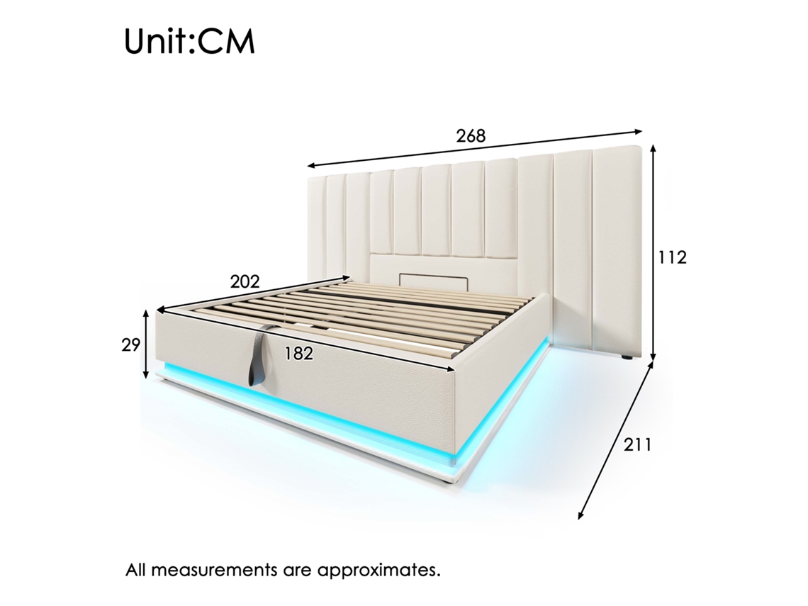 Cama Casal Estofada Branca Pu Led App Usb-c Arrumação S/ Colchão (180x200cm)