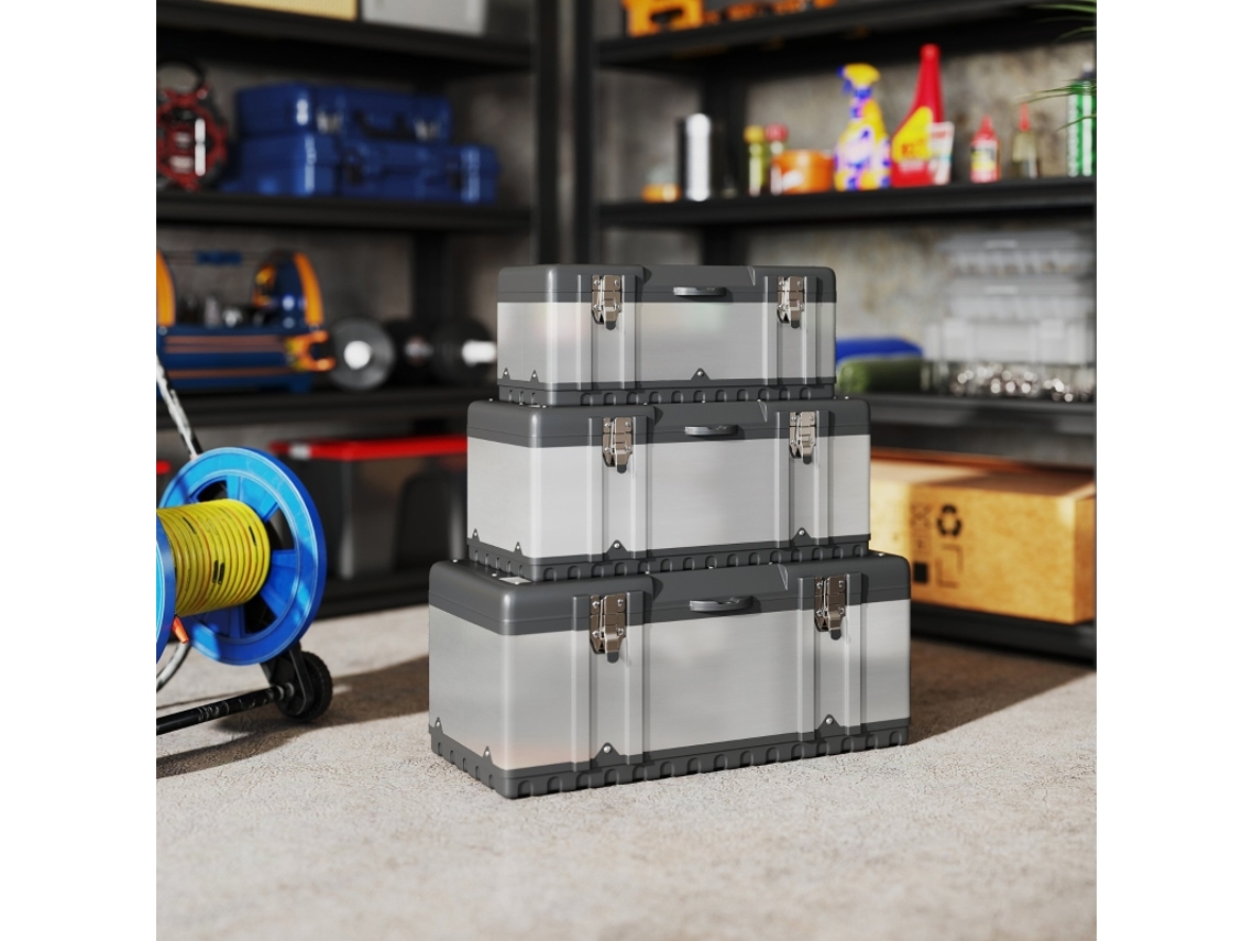 Conjunto de caixa de ferramentas vazia Ehstmind de 3 peças com bandeja removível, alças e travas, aço inoxidável, preto e prata