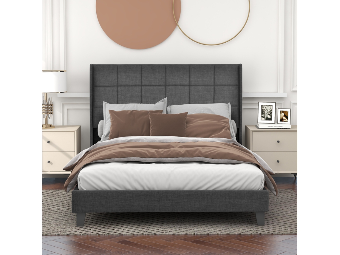 Cama Casal Estofada 140x200cm, Cabeceira Linho Cinza, Ripas Madeira, Firmeza Média (com Colchão)