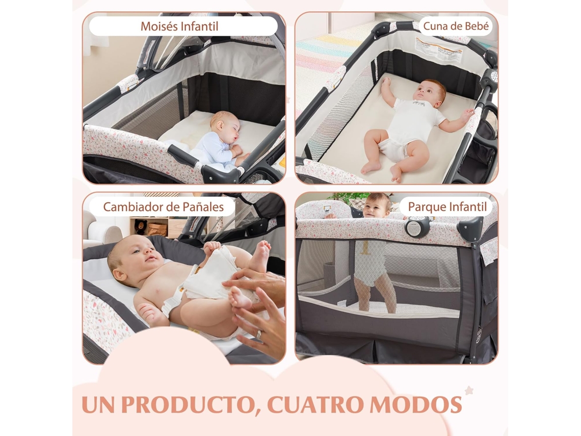 Berço De Bebê Portátil 4 Em 1, Berço De Viagem E Parque Infantil Com Berço, Colchão, Trocador, Caixa De Música, Dossel Ajustável Costway (cinzaflores)