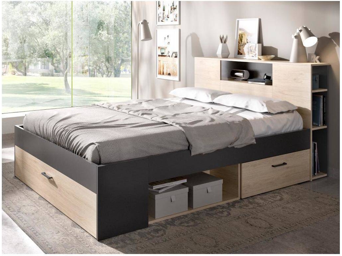 Estrutura de cama LEANDRE VENTE-UNIQUE Cinza antracite, Natural claro 140x190 cm - Com colchão - Com sommier