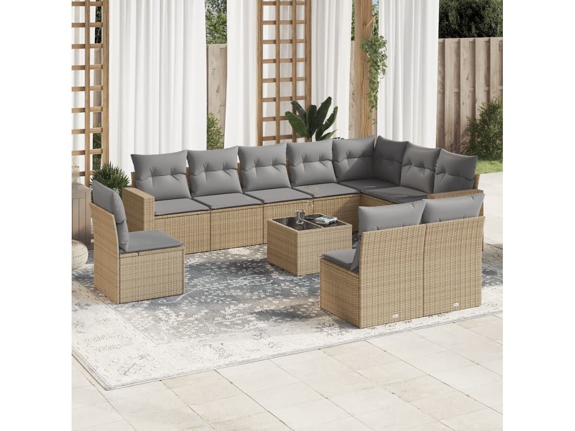 Conjunto 11 sofás de jardim c/ almofadões VIDAXL vime PE bege