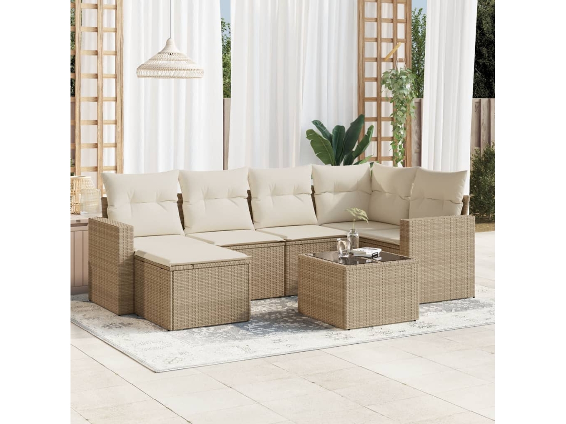 Conjunto 7 de sofás p/ jardim com almofadões VIDAXL vime PE bege