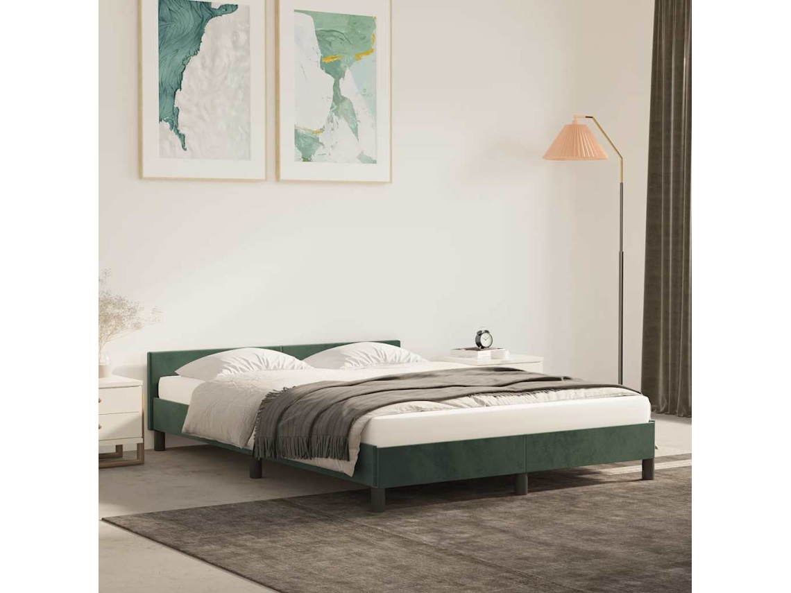 vidaXL Estrutura de cama c/ cabeceira 140x190 cm veludo verde-escuro